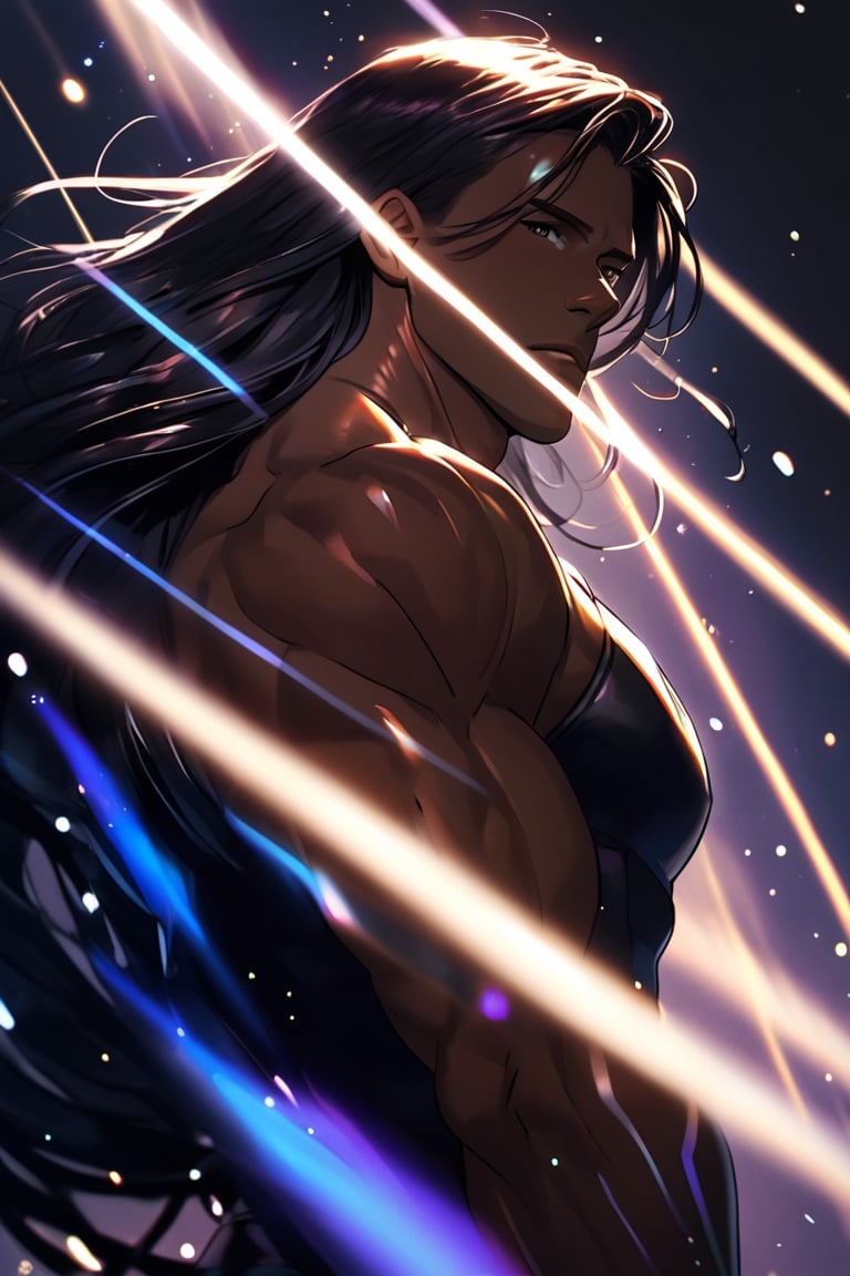 handsome muscular man, long hair, hair over eyes, detailed hair, hair light, shiny hair, black hair, tan skin, dark background, ray light, light from behind, view from  bottom, gorgeous, detailed, amazing colours, grain, blur