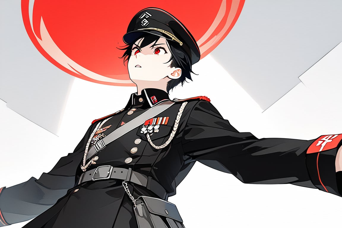 score_9,score_8_up,score_7_up,score_6_up, masterpiece, best quality, 8k, 8k UHD, ultra-high resolution, ultra-high definition, highres, man, wearing black military uniform with black and silver details, belt details, with a military hat, nazi inspired uniform, red details, view from the side, view from the 3/4 of below, view from below, displeased expression, red eyes, pale skin, short black hair, male, male focus