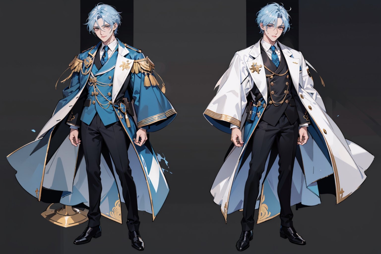 handsome vintage doctor with light ashy blue hair, scars on his face and body, facing front, symmetrical dark black clothes, blue and gold details, dangerous looking, fullbody, full-body_portrait, concept art, white background, different hair variations, reference sheet