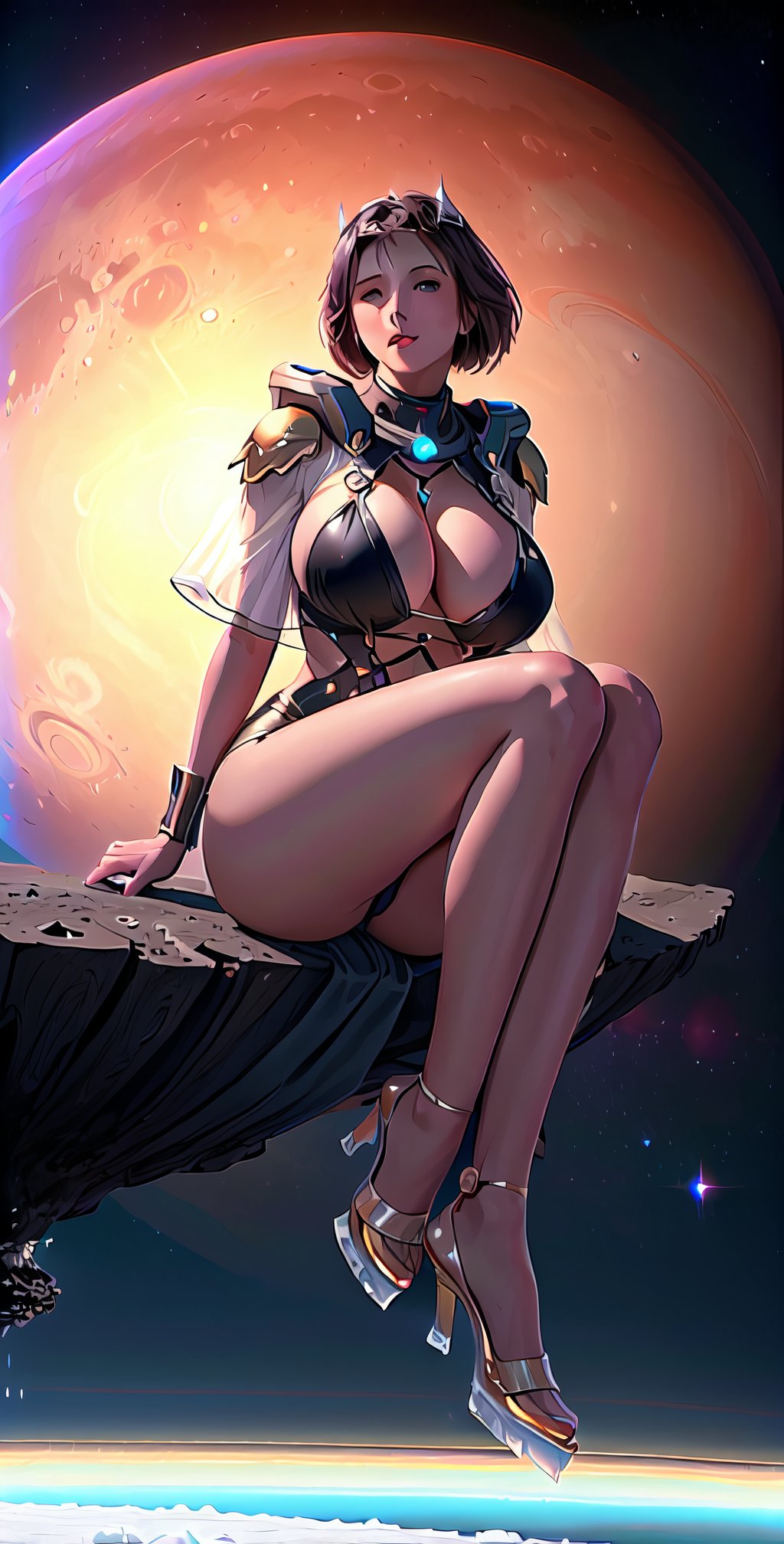 close-up,, zoom in to giantess, full body, beautiful face, big boobs and thighs , close-up, beautiful face, beautiful eyes, transparent cloths , beautiful body, Gigantic giantess Beautiful goddess sitting on the surface of titan moon,  planet saturn covers the sky in the background, large view, colony, methane lakes, ice, milk from his boobs ,landscape, dawn, dramatic lights, trending on artstation, sharp focus, studio photo, intricate details, highly detailed, by greg rutkowski, GTSPlanet, GTSSpace, Rampage, two knees are far from each other , open eyes , showing vagina , perfect lips 