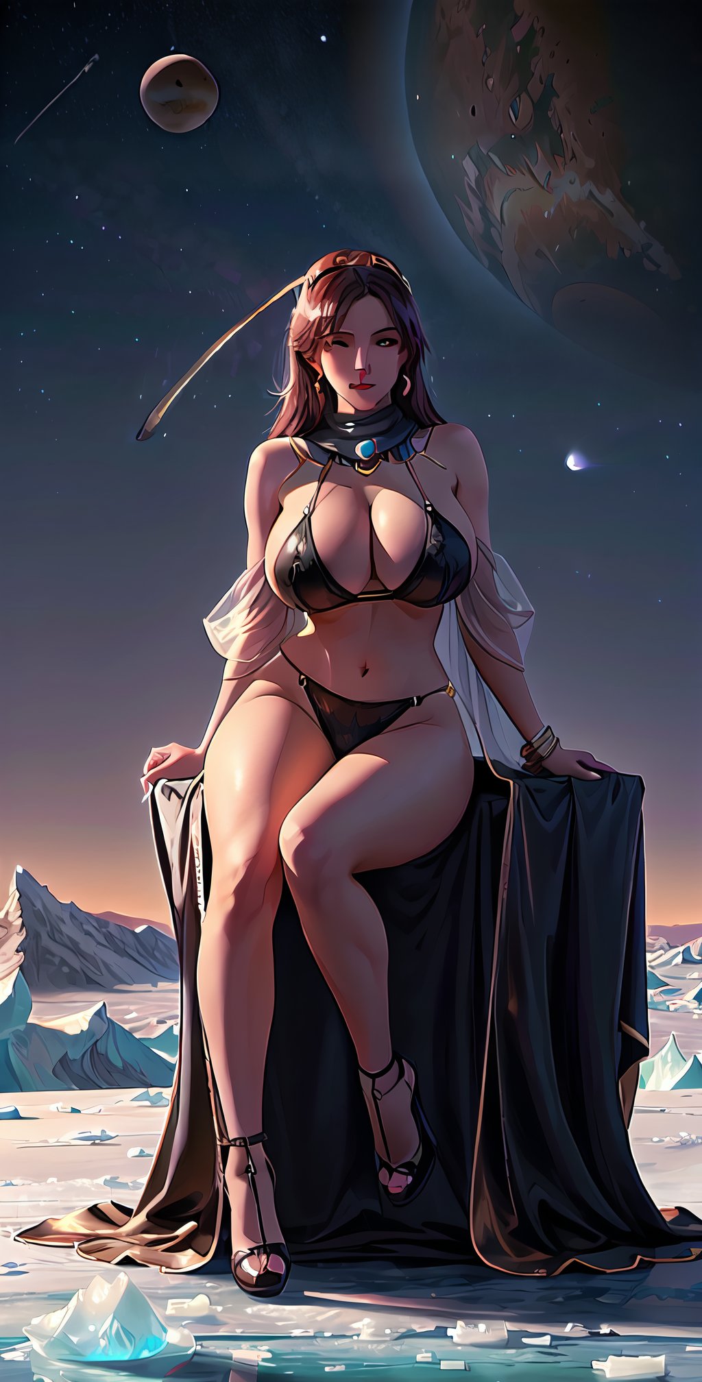 close-up,, zoom in to giantess, full body, beautiful face, big boobs and thighs , close-up, full body, beautiful face, beautiful eyes, transparent cloths , beautiful body, Gigantic giantess Beautiful goddess sitting on the surface of titan moon,  planet saturn covers the sky in the background, large view, colony, methane lakes, ice, milk from his boobs ,landscape, dawn, dramatic lights, trending on artstation, sharp focus, studio photo, intricate details, highly detailed, by greg rutkowski, GTSPlanet, GTSSpace, Rampage, 