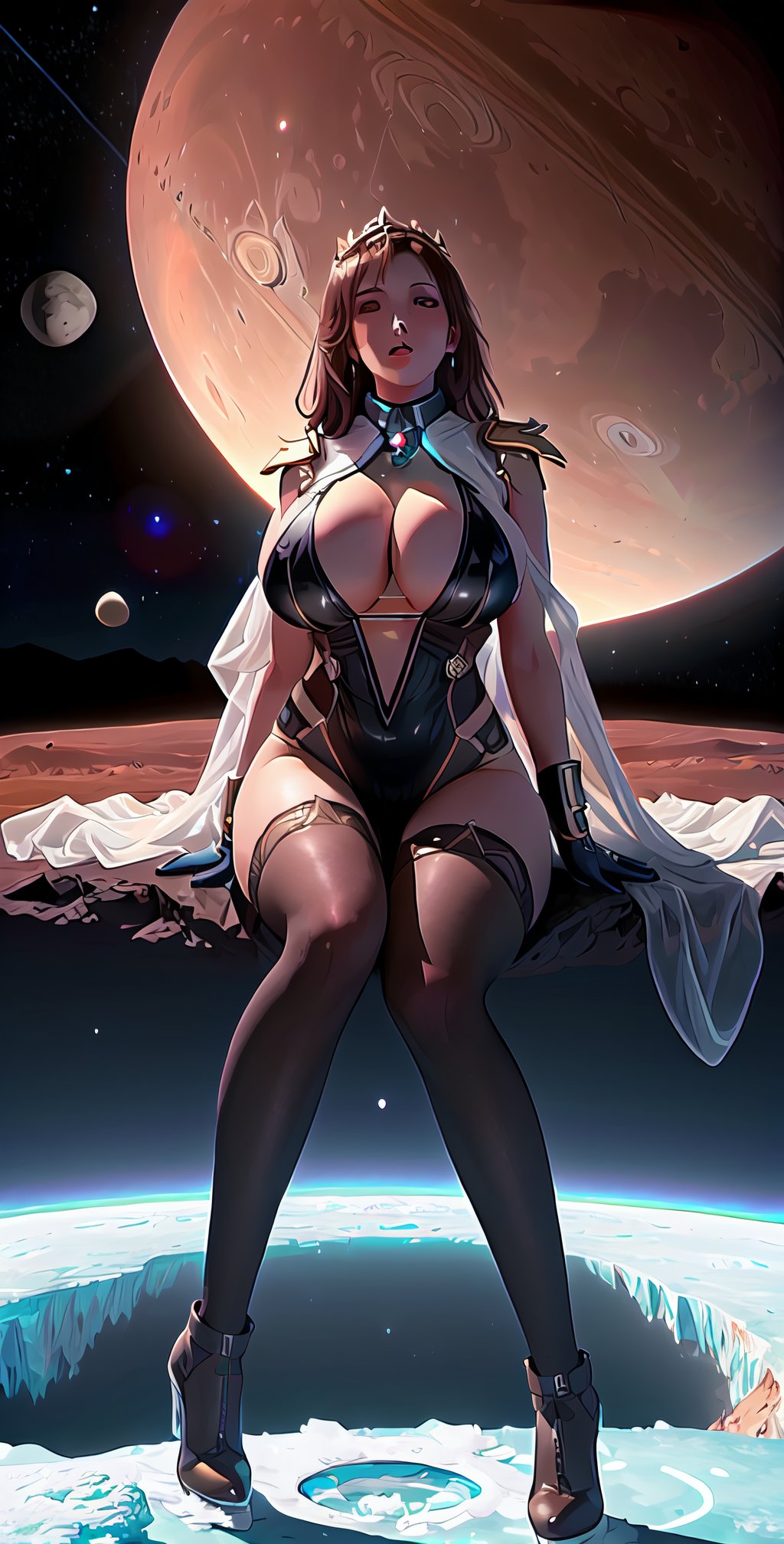 close-up,, zoom in to giantess, full body, beautiful face, big boobs and thighs , close-up, beautiful face, beautiful eyes, transparent cloths , beautiful body, Gigantic giantess Beautiful goddess sitting on the surface of titan moon,  planet saturn covers the sky in the background, large view, colony, methane lakes, ice, milk from his boobs ,landscape, dawn, dramatic lights, trending on artstation, sharp focus, studio photo, intricate details, highly detailed, by greg rutkowski, GTSPlanet, GTSSpace, Rampage, two legs are far fromeach other , open eyes , showing vagina