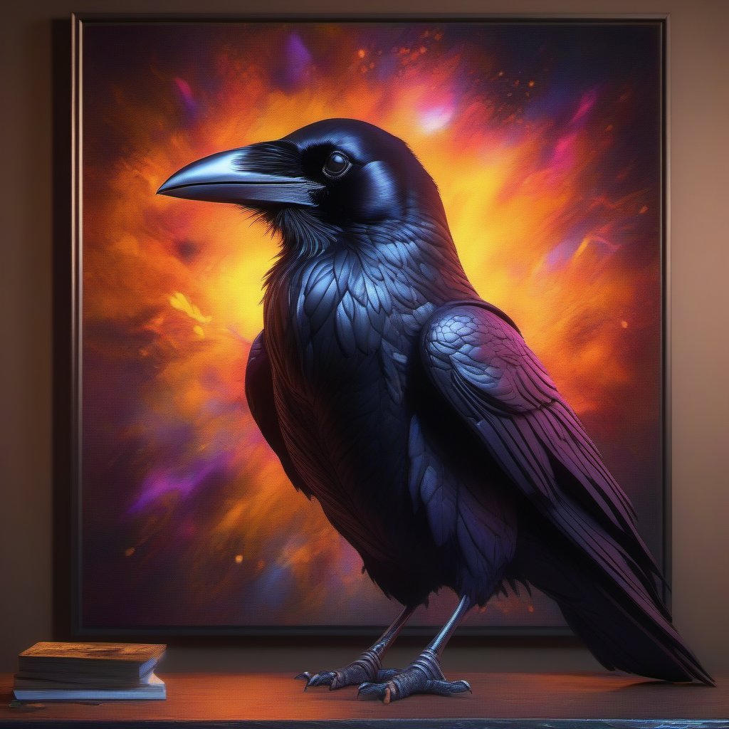 vivid raven youtube channel,raven head wearing a suit,looking forwad,masterpiece ,extremely  detailed, ,realistic, wide angle, glowing, colorful painting ,digital illustration, 16 k UHD, unreal engine, 