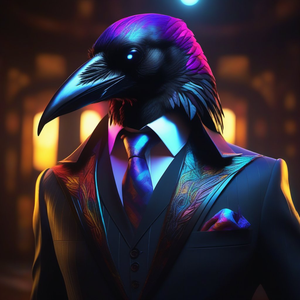 vivid raven youtube channel,raven head wearing a suit,looking forwad,masterpiece ,extremely  detailed, ,realistic, wide angle, glowing, colorful painting ,digital illustration , 16 k UHD, unreal engine 