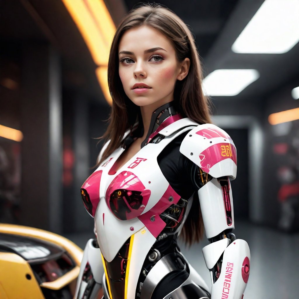 Full Shot Angle, Wide-Angle Shot, young Girl, racing decals, number and letters racing fonts decals on surface, (perfect face), (sexy), (perfect hands), defined jawline, beautiful lips,Full-Body shot, (perfect anatomy), (athletic body), (intricate geometric robotic white body armor, pink and Red accents), yellow details, photorealistic,DonMCyb3rN3cr0XL ,Techno-witch,occultist, 