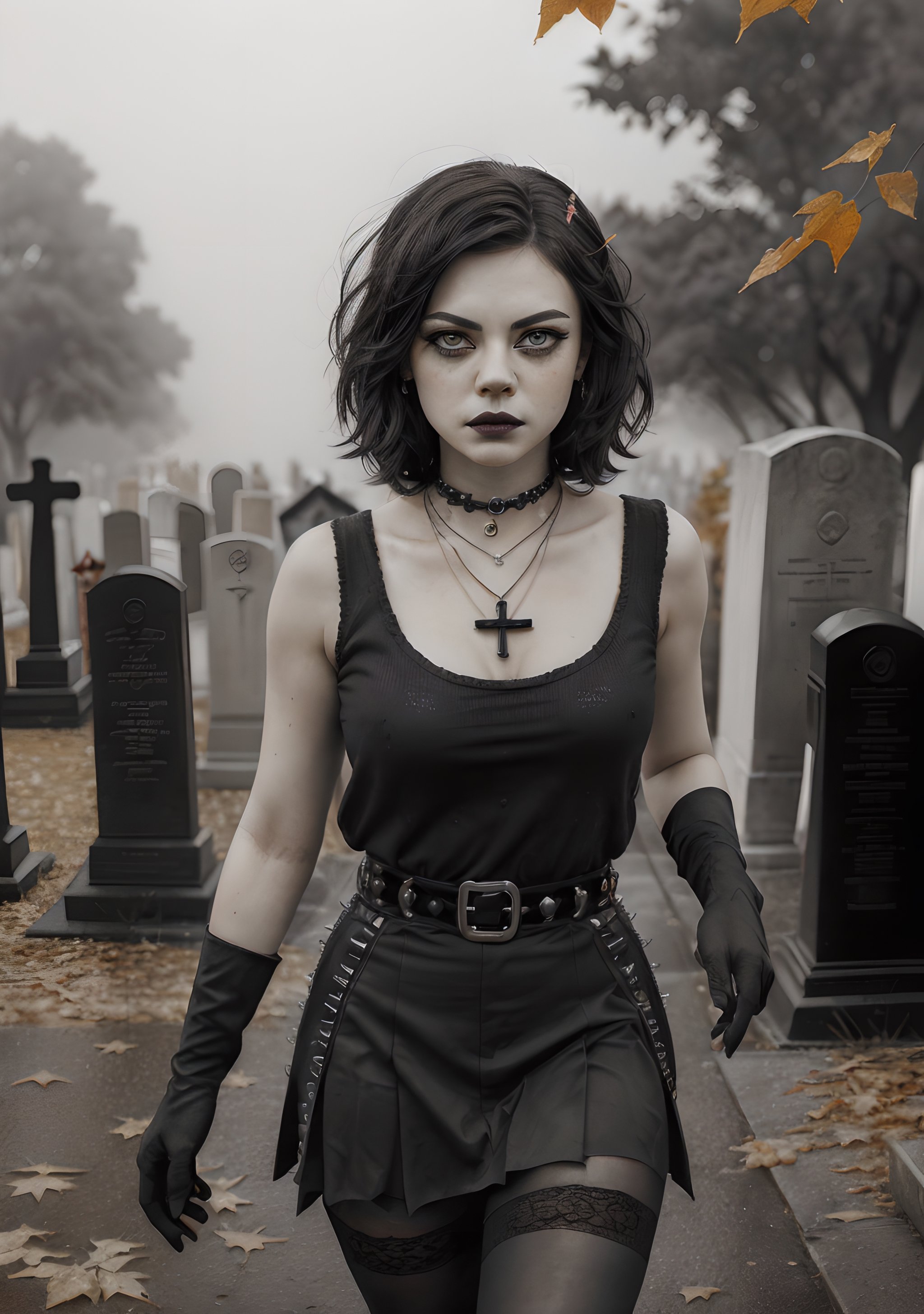 Death of the Endless from Sandman: 1 girl,(((masterpiece, best quality))),((goth girl)), punk girl, (((insanely attractive))), 25 year old, (((mixed ethnicity))), (((perfect lips))), ((round chin)),(upturned nose), (chubby), (curvy), ((wide nose)),((celestial nose)), (((perfect fingers))), (((perfect eyes))), (((tall))), (((yellow eyes))), (((very white albino skin))), (light random freckes), soft skin, ((jet-black hair)), (((short messy shaggy hair))), (((black lipstick))),(((dressed in all black clothes))),(((wearing a plain black tank top))), ((wearing short plain black pleated skirt))), (((wearing black tights with holes))),(((black gloves))), (((single large handle-shaped-cross necklace))), (((small breasts:0.4))), (((nose ring))),(((no bra))),(high res), (masterpiece:1,2) , (best quality), (standing in a rainy, woodland cemetery), absurdres, wind, particles, DOF, fantasy setting, ultra high detailed photograph, super detailed beautiful face, ultrarealistic, ultra high detailed eyes, perfectly (((round iris))), facing camera, look award winning photography, cinematic lighting, 32k, photorealism, UHD, eye - photo magazine, rule of thirds, monovisions, DOF, vogue, ultra detail, cinematic lighting, high contrast, high sharpness, tone mapping, retouched, ambient occlusion, octane render, sad look, (looks like Mila Kunis, Hailee Steinfeld, Jenna Ortega, Mary Elizabeth Winstead, Christina Ricci), ((front view)), (((orange leaves on trees))), muted colors, (((foggy))), (((wearing all black))), (((black fingerless gloves))), flat chest, (((black eyeliner))),(((red eye_shadow))),(((wearing a punk rock style belt - black with steel rivets - on pants waistband))), small smile, full_body, (((black clothing))), (((red eye_shadow)))