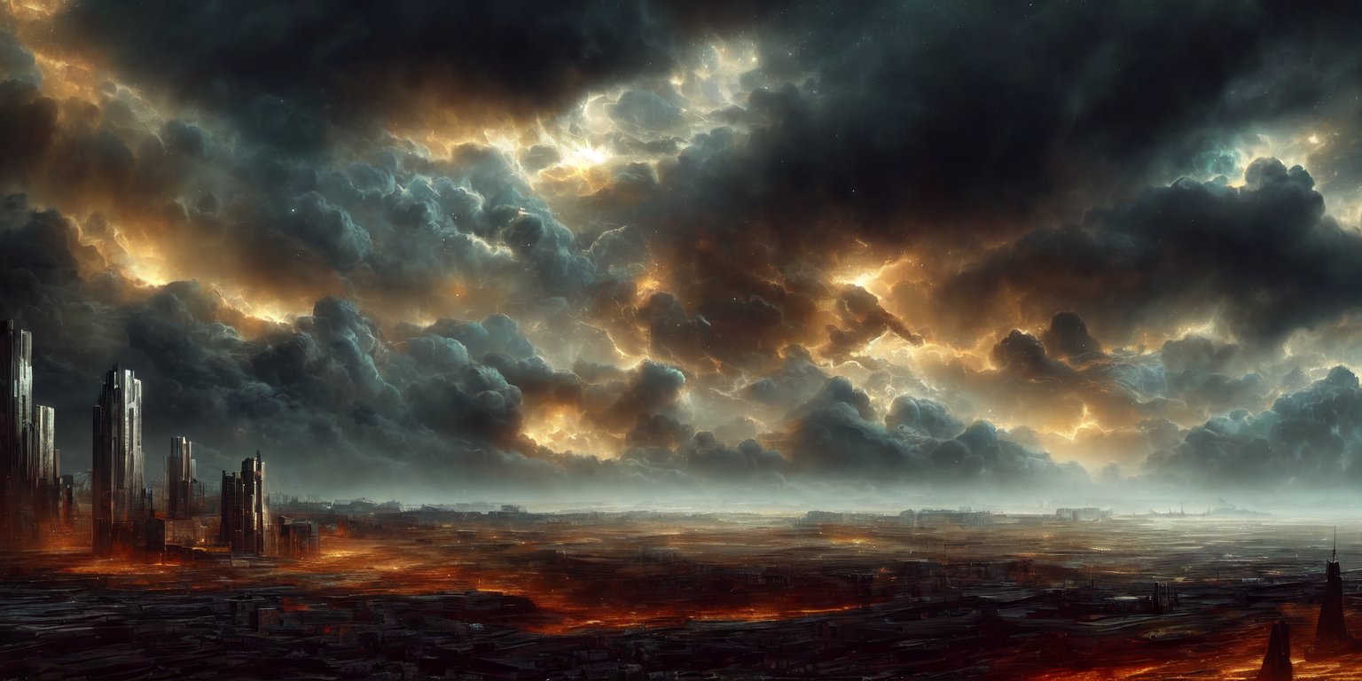 Golden clouds, storm everywhere, 2/3 of the screen, matte textures, cloudy sky, realistic light scattering, light reflection from the ground, non-uniformity of the ground texture, light glow in space, contour selection of each pixel of the soil, upscaled texture x8, Smooth contours of buildings, blurred glow, Golden clouds, storm everywhere