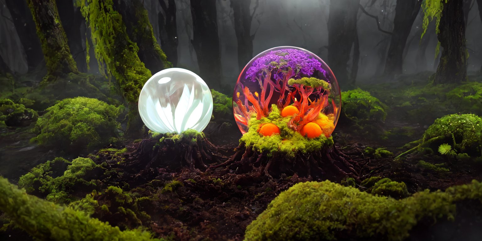 A Huge Transparent orange sphere occupies the entire image, high resolution, | moss with hemp, mycelium, spores |, light passes through the sphere, colors emit a glow, high-quality reflections, incredible shine, HDR, DLSS, upscale, 4k, fog, mother of pearl, depth of view, surface distortion,