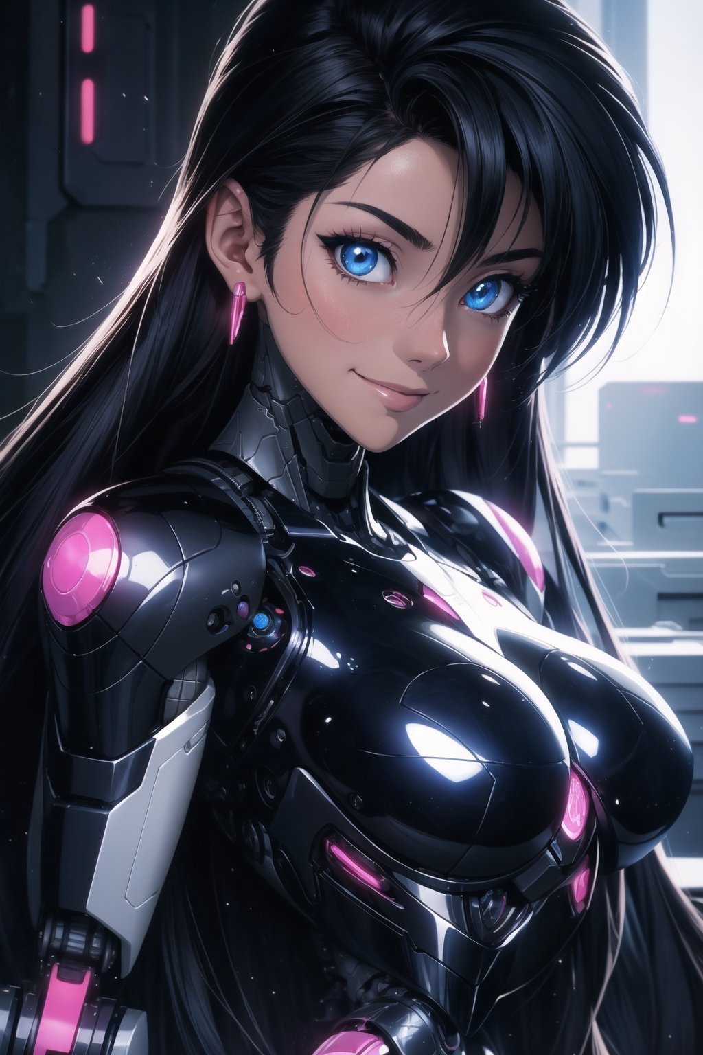 (masterpiece, best quality), (8K, UHD), ((90s anime style)), dark fantasy fembot, an alluring robotic body, with a lean hourlgass shape, high tech design, seductive cybernetic eyes, nice chest, in a futuristic high tech society, different seductive poses, smiling at the viewer, (variety shot), illustration,portrait,rgbcolor,emotion