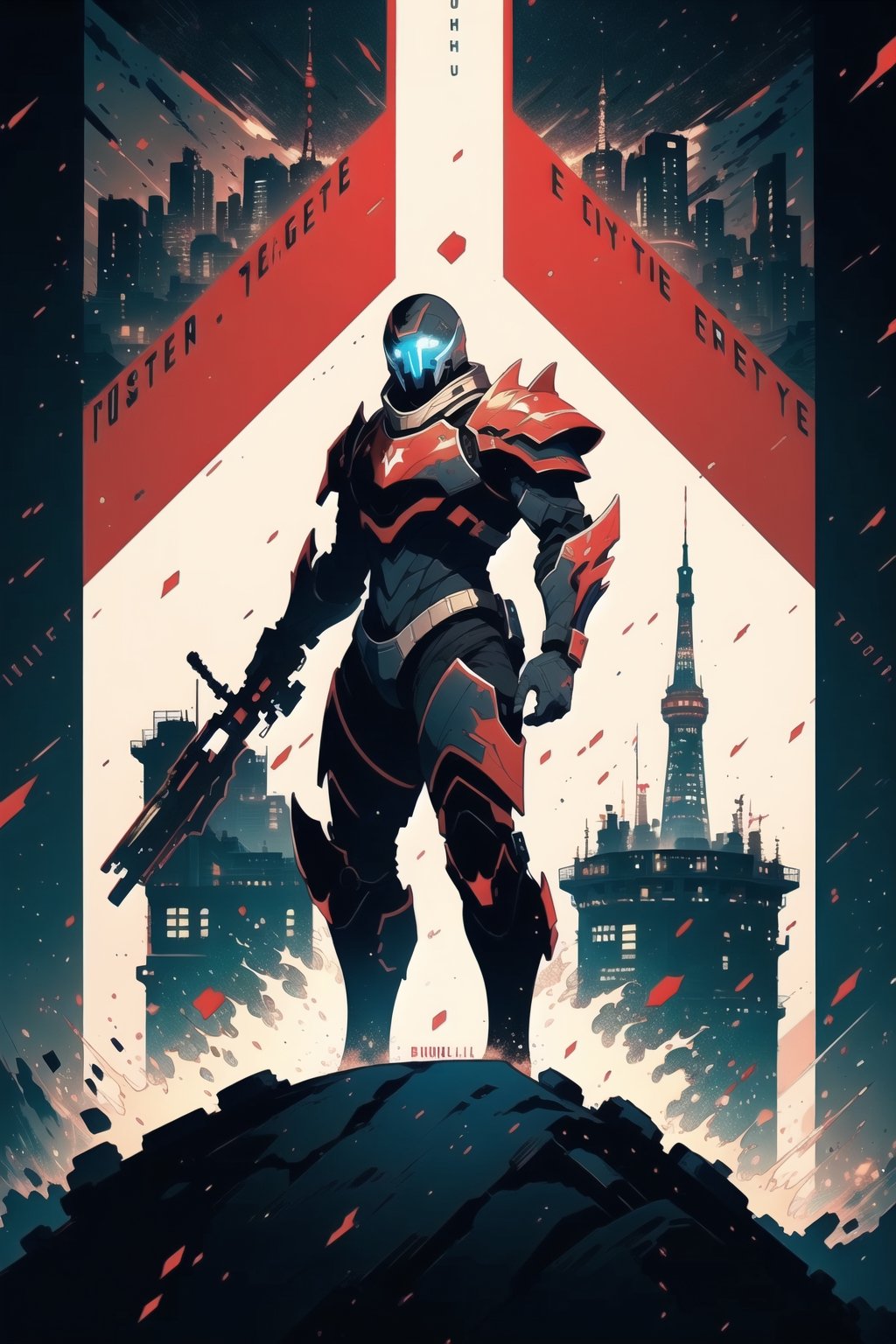 (masterpiece, best quality), (4K, UHD), (Bungie's Destiny), a male titan, wearing heavy plated armor, fiited with the best weapons, red and black color scheme, overlooking the last city of Earth from the citadel tower, 