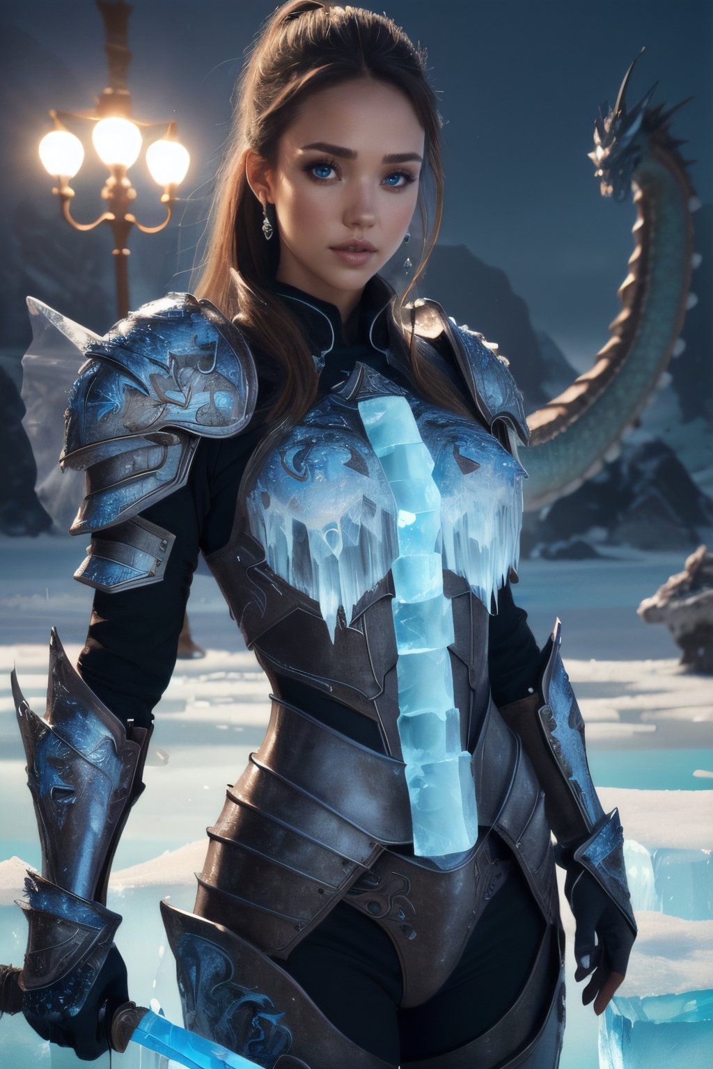 Highres, best quality, extremely detailed, area lighting in background, HD, 8k, extremely intricate:1.3), (cowboy shot), Painting, jessica alba, ice dragon, blue eyes, (ice forming on the body to form armor:1.2), (ice sword:1.2),GlowingRunes_blue, runes on stomach (ice dragon in the background)