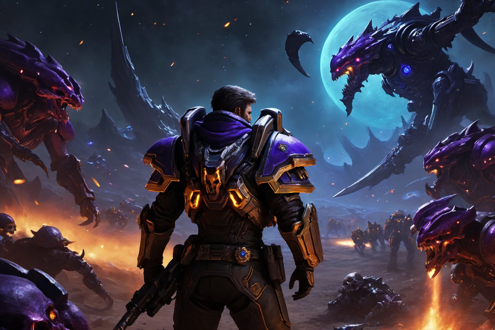 (8k UDR), (masterpiece, best quality), ((Starcraft)), 

Create an image of a Space Cowboy ranger on a Zerg infested world, he will be duel wielding two space revolvers, standing his ground on the remains of a dead world, (quality camera shots), portrait, dark atmosphere, vibrant colors, depth of field, ,HellAI,fire,skull,monster