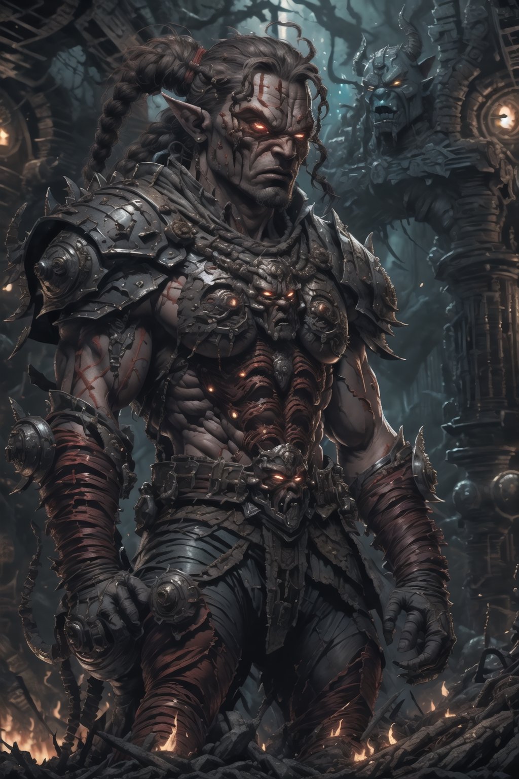 (8k masterpiece, best quality), (HDR), 1 female, beautiful Orc, Warcraft style, muscular physique, braided hair, (glowing red eyes), tattered with blood, war, battlefield, dark fantasy theme,invoking a sense of primal fear and dark fantasy.eyes,standing,depth of field,,photography style,upper body shot,2D