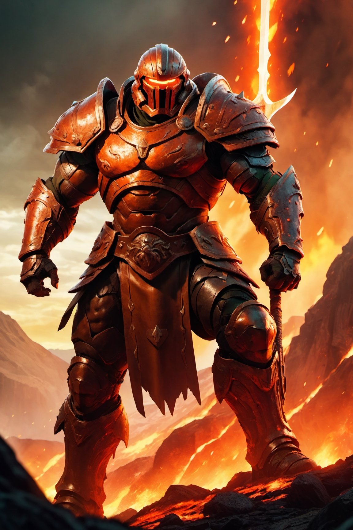 (masterpiece, best quality), (8K, UHD), 
Hercules Doom Slayer:
"Generate an image of Hercules Doom Slayer standing amidst a hellish battlefield, his glowing battle-axe raised high as he prepares to strike down a towering demon. The landscape is filled with molten lava and crumbling ancient ruins." (cinematic shots),  illustration,portrait,rgbcolor,emotion