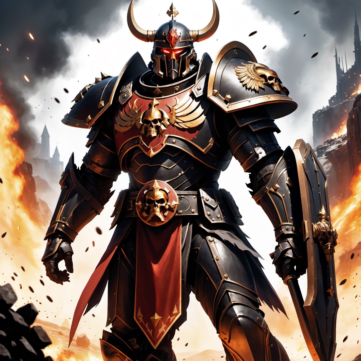 (8k HDR), (masterpiece, best quality),

Title: Ares, God of War in the Warhammer 40K Universe

Scene Description:
Ares, now a towering Space Marine Captain, clad in ornate power armor, stands on the smoldering battlefield of a war-torn planet. His armor is a masterwork of Imperial craftsmanship, deeply engraved with symbols of war and destruction, and painted in the blood-red colors of his chapter. His cape, tattered and scorched, flutters in the toxic winds.

Focal Point:
Ares wields a massive, chain-wrapped thunder hammer, glowing with arcane energies, raised high as he charges into a horde of alien enemies. His other hand clutches a bolt pistol, spewing fiery rounds into the melee. Around his waist, a belt adorned with skulls and relics from vanquished foes.

Background Elements:
The landscape around him is chaotic and devastated, with the remnants of a once-mighty city now reduced to rubble and flames. Exploding shells light up the dark sky, and drop pods descend in the background, bringing reinforcements or dreadnought allies.

Atmospheric Effects:
Smoke and dust fill the air, pierced by the harsh light of gunfire and explosions. In the distance, the twisted forms of enemy war machines loom, clashing against the Imperial forces.

Dynamic Action:
Ares roars a battle cry, his voice amplified by his helmet’s vox-grille, inspiring fear in his foes and fervor in his troops. Close by, Space Marines rally to his side, their armor echoing his design, forming an unstoppable tide of red and steel.

dark and vibrant, (micheal bay cinematic shots), depth of field, 2D