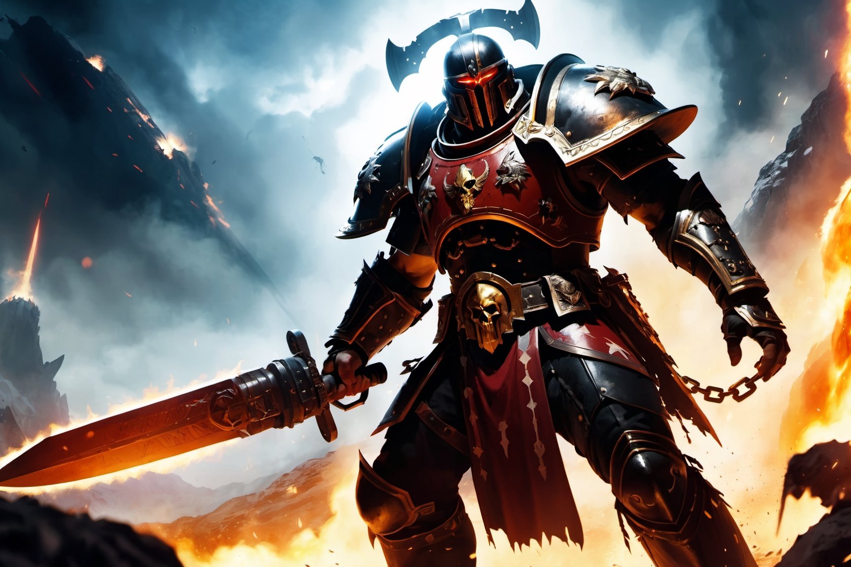 (8k HDR), (masterpiece, best quality),

Title: Ares, God of War in the Warhammer 40K Universe

"Ares as a Space Marine Captain in Warhammer 40K, charging into battle against alien enemies on a war-torn planet. He wears ornate, blood-red power armor adorned with war symbols and skulls, wielding a glowing thunder hammer wrapped in chains and a bolt pistol. The battlefield is chaotic with explosions, smoke, and falling drop pods, under a dark, fiery sky."

dark and vibrant, (micheal bay cinematic shots), depth of field, 2D