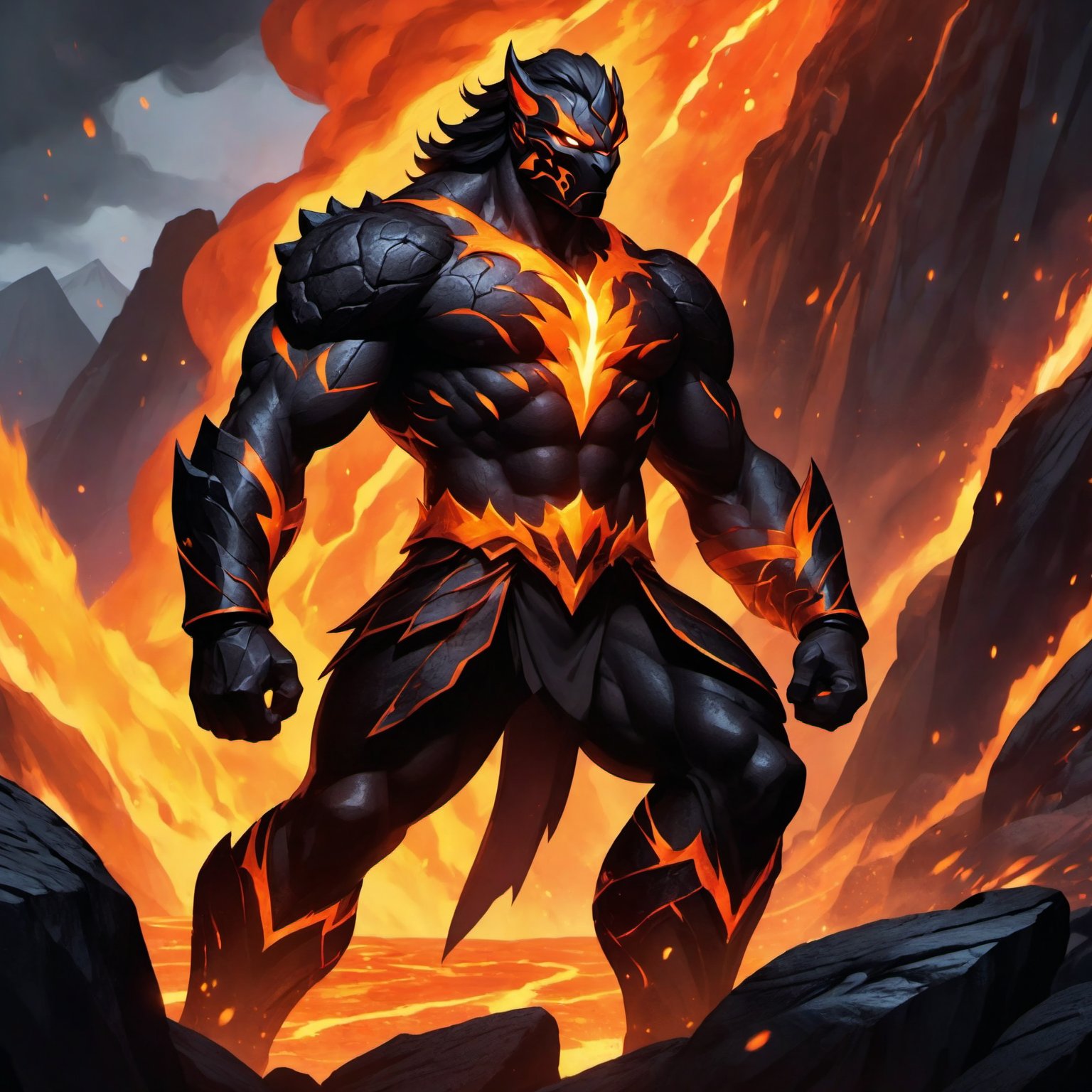 (masterpiece, best quality), (8K, UHD), 

"Create an image of a powerful hero made of volcanic rock, standing tall amidst a molten landscape. His body is formed from rugged, dark volcanic stone, with glowing veins of molten lava coursing through his frame, illuminating his immense strength. His eyes blaze with fiery intensity, and his hands are surrounded by a radiant aura of heat and magma. The hero's presence exudes raw power and resilience, with cracks in his rocky exterior revealing the molten core within. He stands ready for battle, with molten lava dripping from his fists and a background of erupting volcanoes and rivers of lava highlighting his formidable nature."

vibrant colors, dark lighting, glowing, ,Comics style pony