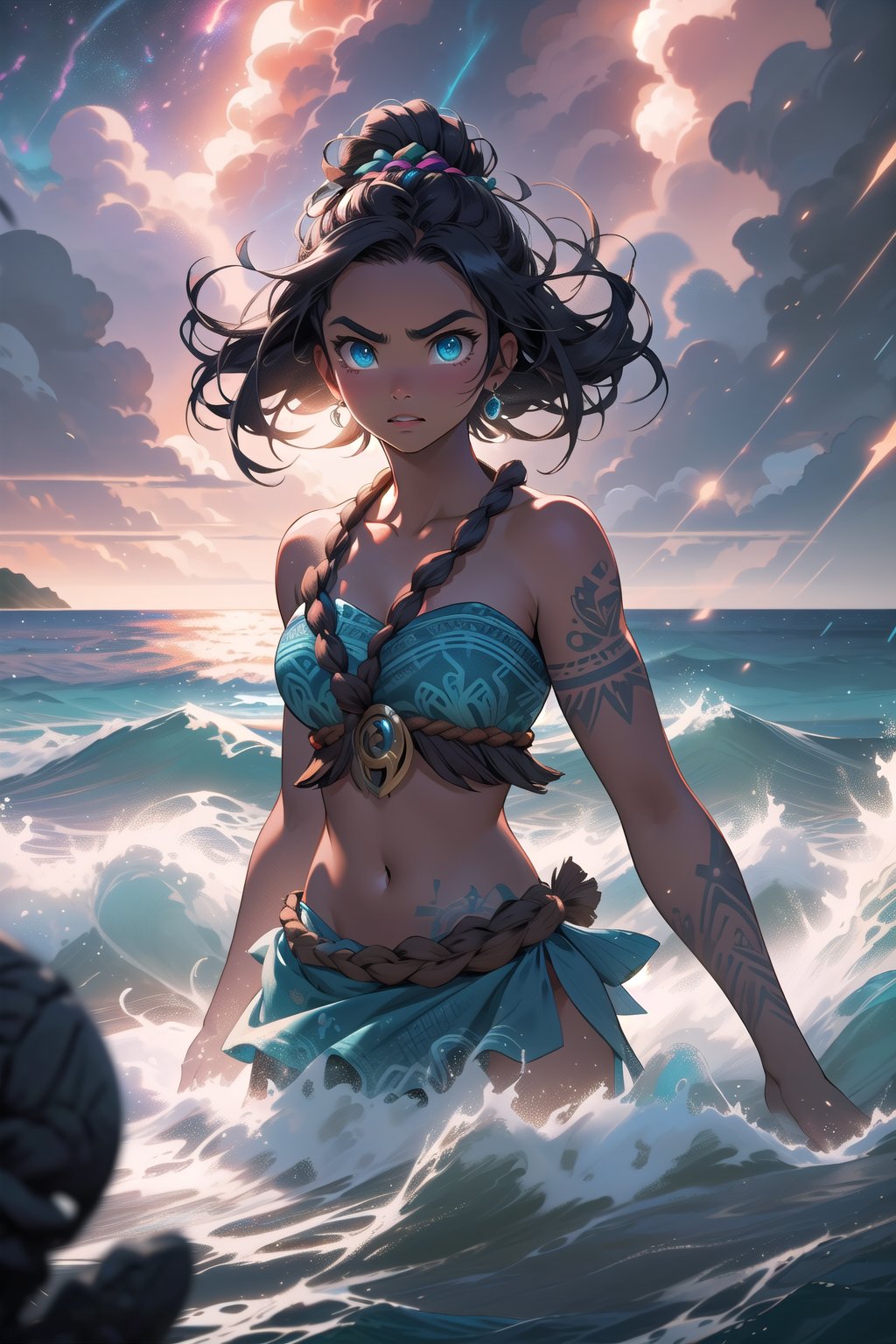 (best quality), (4K, HDR), Moana getting ready to battle a sea god, firerce and determined, her eyes have a radiant glow, the seas roar and the skies storm, dark, vibrant, 