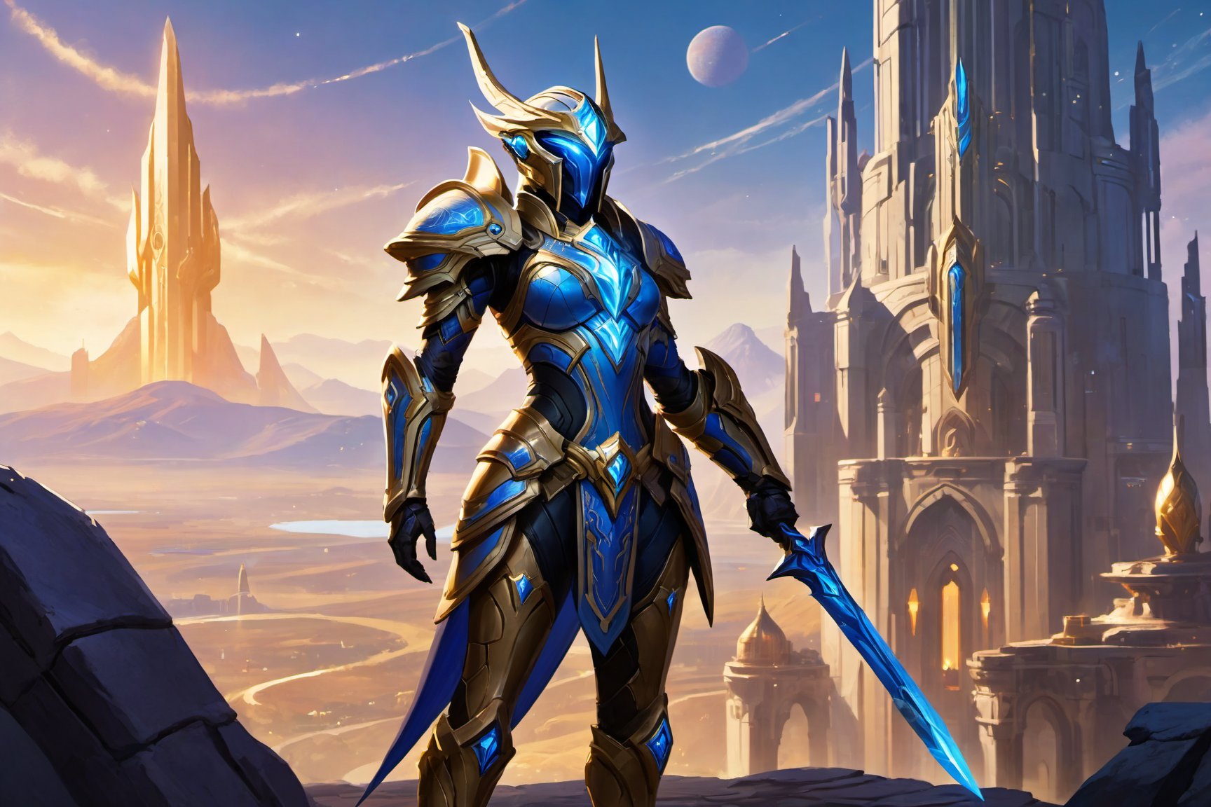 Aiur's Azure Horizon: A majestic female Protoss warrior, Zeratul's finest, stands victorious amidst the ruins of her homeworld. Golden light of dawn casts a warm glow on the cityscape, where crystalline spires and gleaming archways reflect the vibrant colors of the surrounding landscape. In the foreground, the warrior's armor glistens with an otherworldly sheen.

Camera shot 1: A wide-angle view captures the breathtaking vista, with the warrior centered in a dramatic pose, her staff crackling with energy as she surveys the devastation. The city's architecture blends seamlessly with the natural beauty of Aiur's rolling hills and azure skies.

Camera shot 2: A medium shot zooms in on the warrior, showcasing her determined expression and athletic physique, clad in a suit of gleaming silver armor adorned with intricate, swirling patterns that seem to shift and shimmer like the stars. The cityscape recedes into the background, emphasizing the warrior's imposing figure.

Depth of field: The foreground, featuring the warrior and the ruins, remains in sharp focus, while the distant landscape softly blurs, creating a sense of depth and dimensionality.

In this 2D masterpiece, every element – from the radiant colors to the intricate details – comes together to create an awe-inspiring, high-quality image that embodies the essence of Protoss ingenuity and resilience.