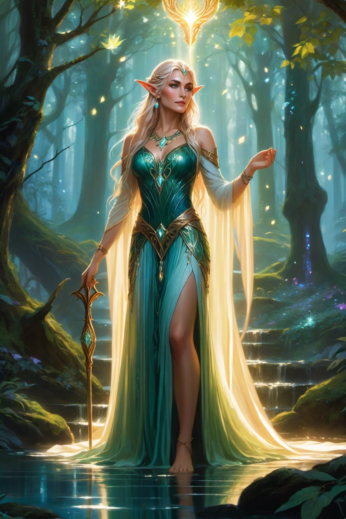 In this breathtaking 8K UHD masterpiece, a resplendent female elf stands majestically in an enchanted forest, radiating wisdom and power. Her flowing hair, adorned with delicate glowing runes, cascades down her back like a river of moonlight. Framed by elegant elven jewelry, her pointed ears seem to be listening to the whispers of the forest. The intricate shimmering gown hugs her curves, woven from the essence of leaves and moonbeams. Her eyes burn bright with inner light, as she raises her hands to cast a majestic spell. Glowing magical symbols and ethereal lights swirl around her, bathing the ancient trees and mystical creatures in an otherworldly glow. The vibrant colors of this enchanted scene burst forth with radiant intensity, reflecting the elf's profound connection to nature and her awe-inspiring magical prowess.