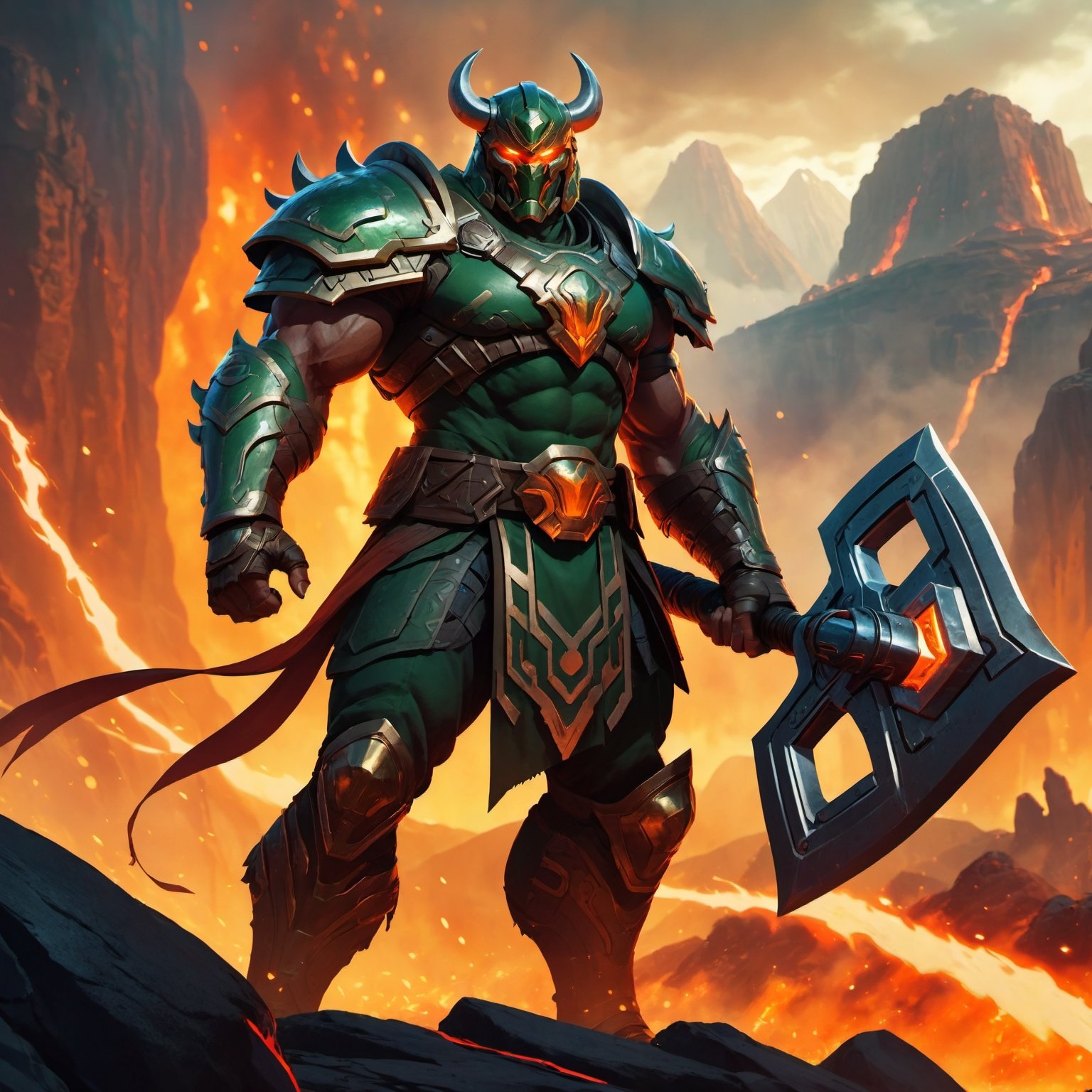 (masterpiece, best quality), (8K, UHD), 
Hercules Doom Slayer:
"Generate an image of Hercules merged with the Doom Slayer from Doom, standing as a towering figure of unparalleled strength and power. Hercules' iconic lion skin is now a rugged, reinforced element of his high-tech Praetor Suit, which is covered in ancient Greek runes glowing with fiery energy. His muscular frame is augmented by advanced armor plating, blending classical mythology with cutting-edge technology. In one hand, he wields a massive, rune-inscribed battle-axe glowing with demonic energy, while in the other, he holds a futuristic shotgun, ready to unleash devastation. The background depicts a hellish landscape, with jagged rocks, rivers of lava, and the ruins of ancient temples, as he battles demonic hordes with both divine fury and modern firepower." (cinematic shots),  illustration,portrait,rgbcolor,emotion