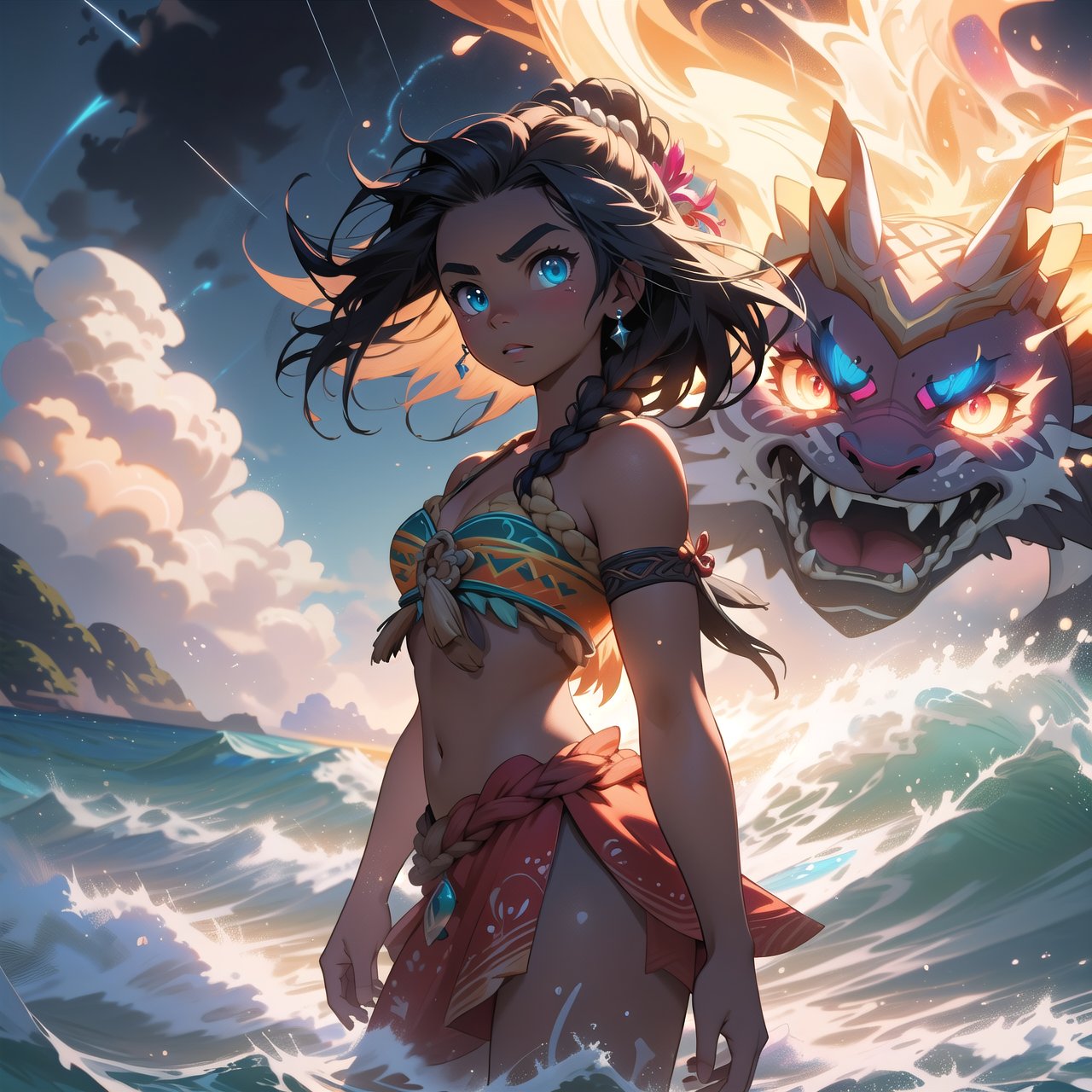 (best quality), (4K, HDR), Moana getting ready to battle a sea god, firerce and determined, her eyes have a radiant glow, the seas roar and the skies storm, dark, vibrant, 