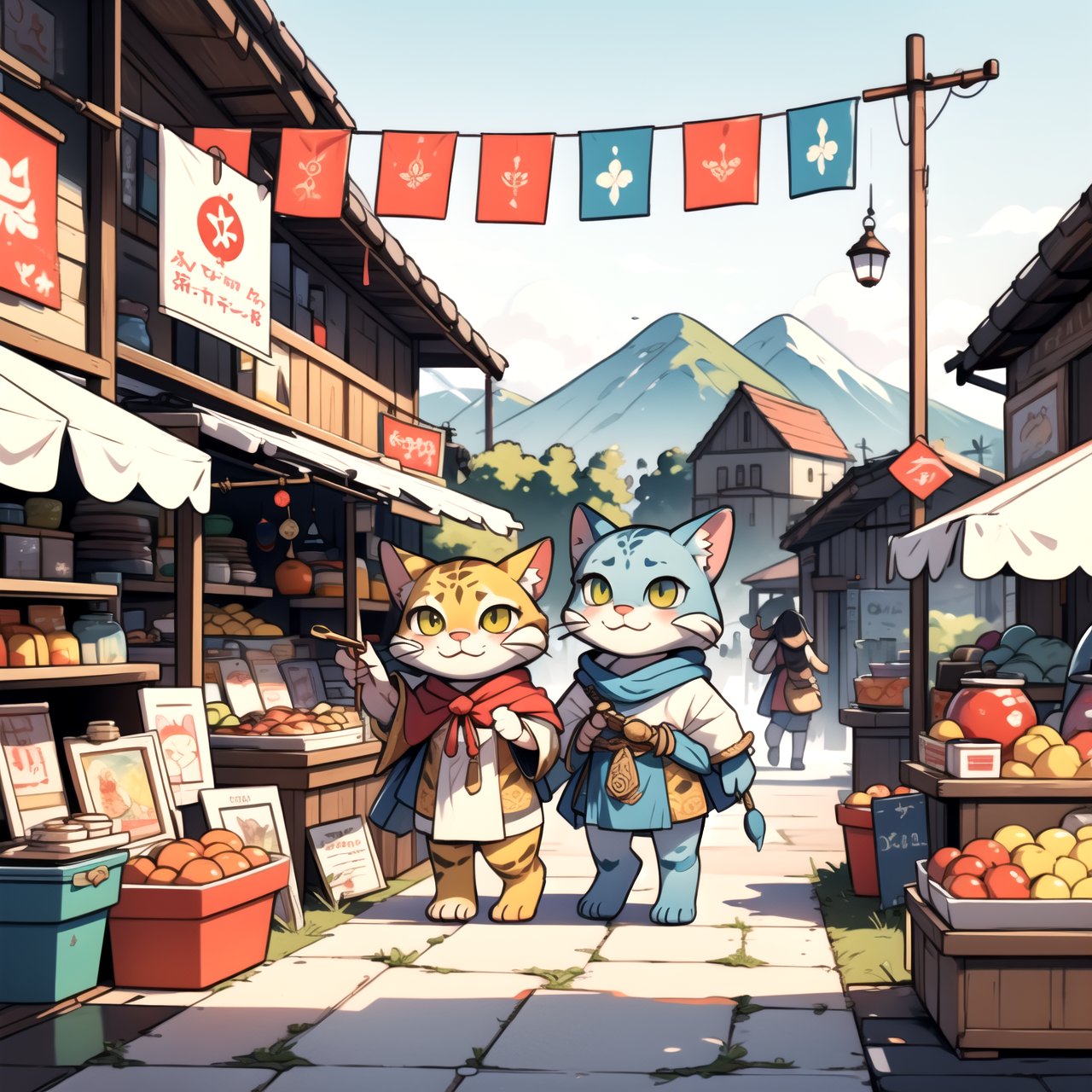 (masterpiece, best quality), (8K, HDR), 
Playful Khajiit Merchant:
"Create an image of a Khajiit merchant with a charming smile, showcasing various magical items at a bustling market in Whiterun. The merchant's stall is vibrant and colorful, and the market is filled with cheerful characters and bright banners. The scene is full of life and animated joy, fitting the Pixar aesthetic."
depth of field, ,illustration,rgbcolor,emotion,EDGADEPTA