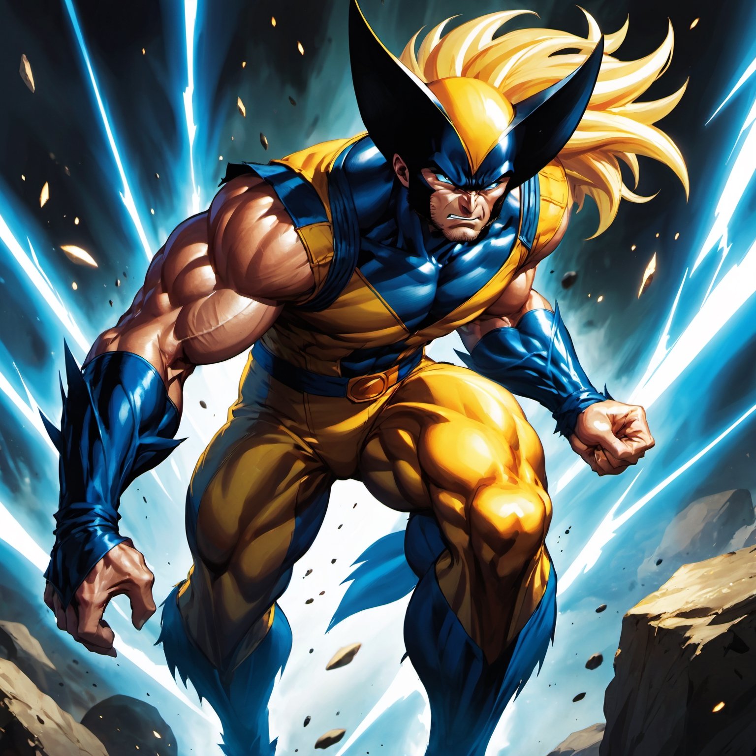 (8k HDR), (masterpiece, best quality), 

"Create an image depicting Wolverine from the X-Men transformed into a Super Saiyan from Dragon Ball Z. Wolverine’s rugged, muscular physique is augmented by the distinct golden aura and fiery energy characteristic of a Super Saiyan. His hair, typically dark and wild, is now spiked dramatically upward and glows with a brilliant golden hue, while his eyes blaze with the intense blue of Super Saiyan power. His costume merges his classic yellow and blue suit with the torn, battle-worn style of Saiyan armor, including a torn blue jumpsuit and a golden chest plate designed to accommodate his bulging muscles and expanding frame during transformation. Wolverine's adamantium claws are extended, shimmering with a mystical, ki-infused light, as if ready to cut through any enemy with enhanced, energy-charged strikes. The backdrop shows a devastated battlefield, reminiscent of the Planet Namek, with craters and explosions, highlighting the destructive power of his new abilities."

dark atmosphere, vibrant colors, (various camera shots), depth of field, 2D