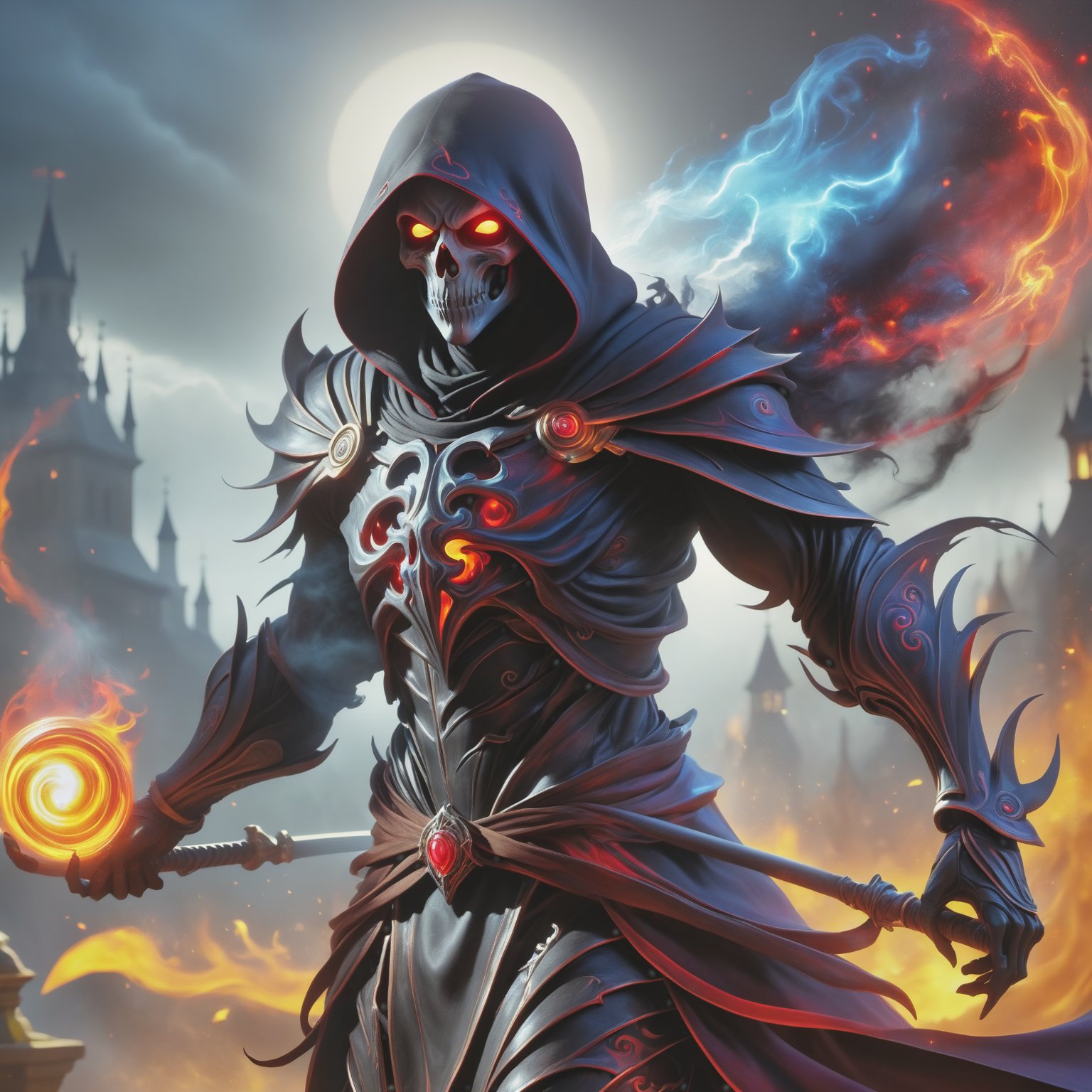 (best quality), (4K, HDR), ((OverwatchxDark Fantasy)), mage Reaper, musuclar man, hooded, strong body, glowing red eyes, death magic (Death shot), fantasy style armor and clothing, vibrant colors, dark fantasy, dark ,DonM3l3m3nt4lXL