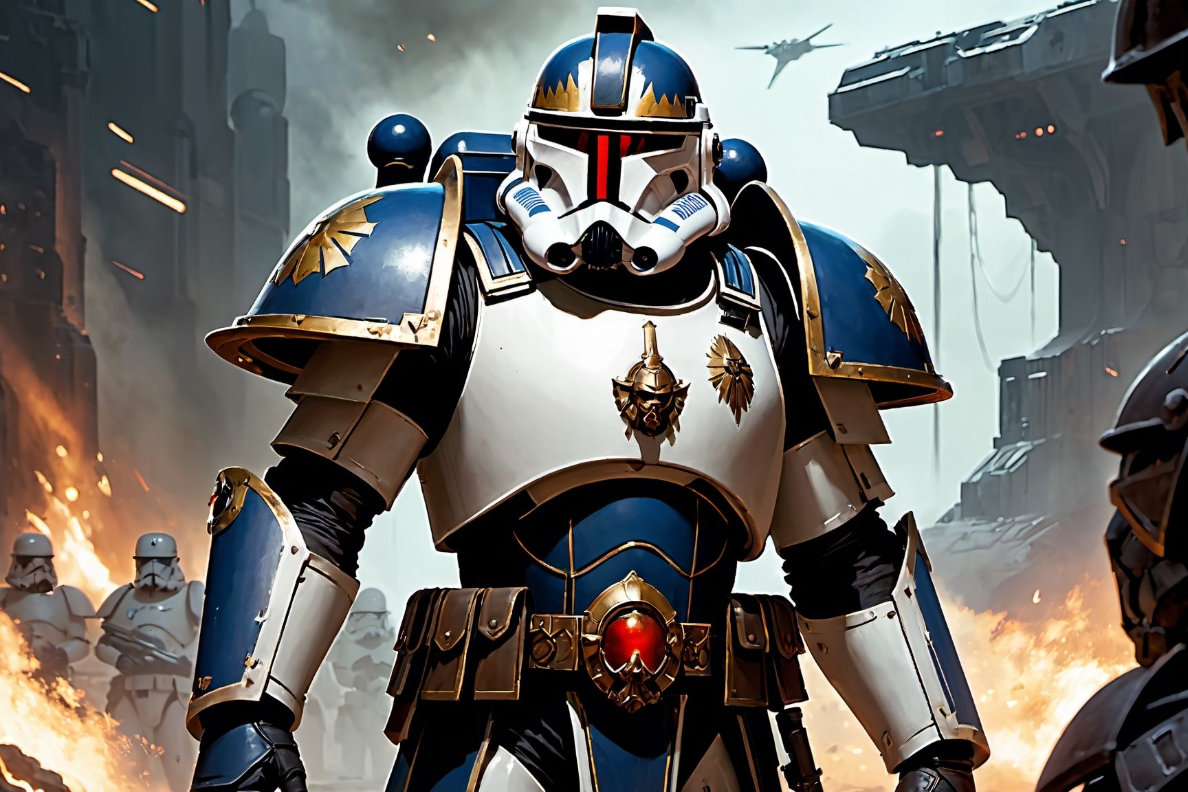 (8k HDR), (masterpiece, best quality), ((Warhammer)), 

"Generate an image of a Clone Trooper from the Star Wars universe transformed into a mighty Space Marine of the Warhammer 40k universe. His armor, once sleek and white, now bears the iconic colors and symbols of the Space Marines, adorned with intricate filigree and embellishments that mark him as a warrior of the Adeptus Astartes. The trooper's helmet has been redesigned to incorporate the intimidating features of a Space Marine helm, with glowing red eyes and a stoic expression that speaks of unwavering determination. In one hand, he wields a bolter, a weapon of devastating power and precision, while in the other hand, he carries a combat knife with a serrated edge, ready to engage in close-quarters combat. Behind him, the backdrop depicts a war-torn battlefield littered with the remnants of battle, as he stands tall and resolute, a beacon of strength and valor in the grim darkness of the far future."

(michael bay camera shots), dark atmosphere, vibrant colors, depth of field, 