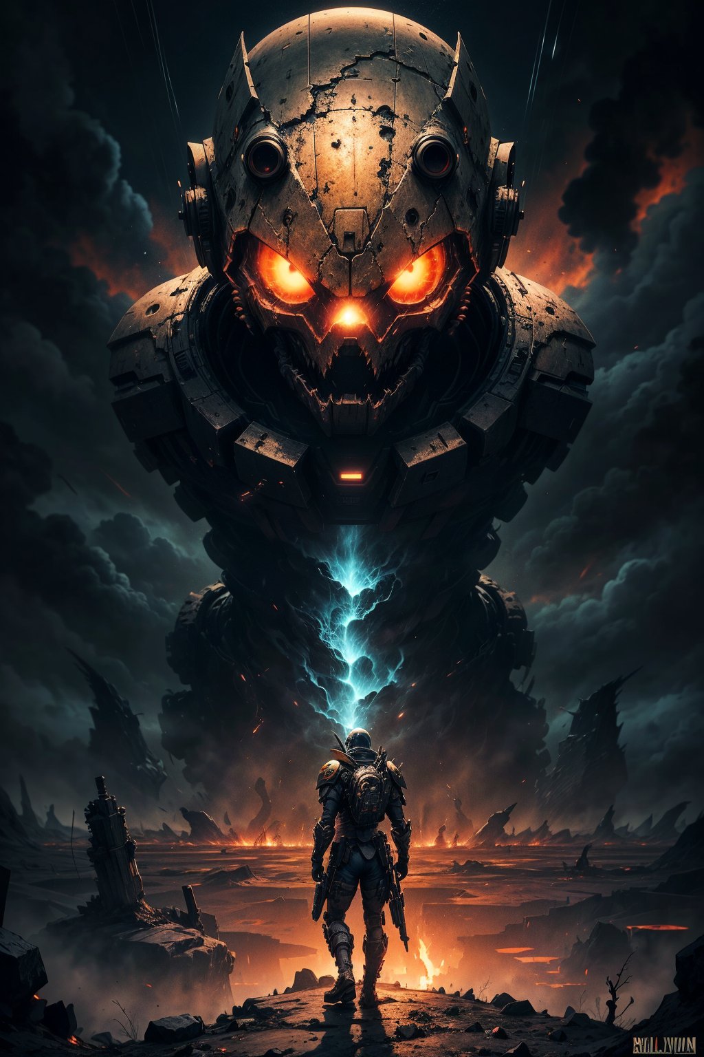 A lone Helldiver stands vigilant on the ravaged surface of Xeridia-IV, a volcanic wasteland consumed by an army of robotic humanoids. The air is thick with an eerie orange haze as the Helldiver's advanced sensors scan the desolate landscape, its dark, glowing eyes burning with a sense of impending doom. The metallic humanoid horde looms in the shadows, their cold, calculating gazes fixed on the Helldiver, exuding an atmosphere of dread and fear.