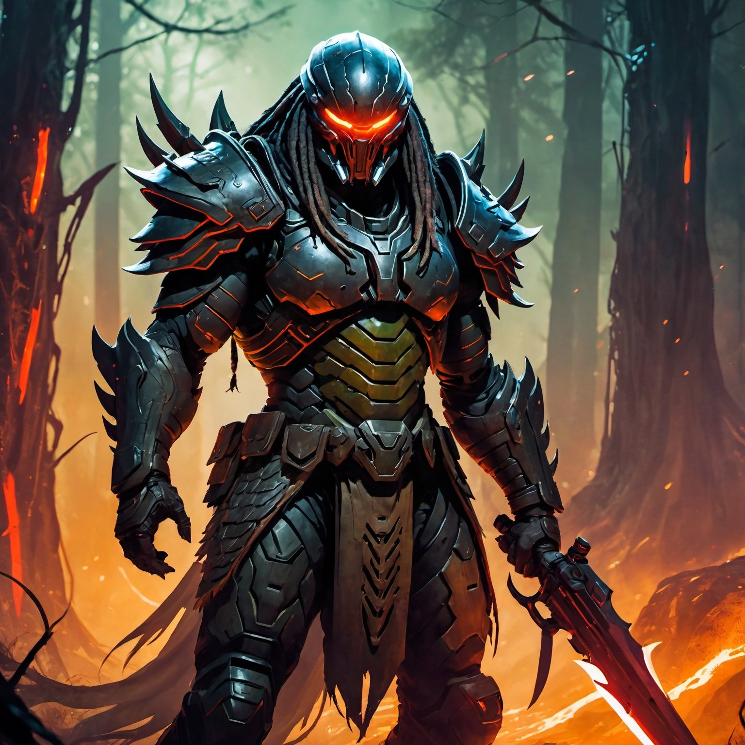 (8k HDR), (masterpiece, best quality), 

"Generate an image of a hybrid warrior combining Doom Guy and a Predator. This fearsome character wears a battle-worn, futuristic suit resembling Doom Guy's iconic armor, now integrated with Predator's distinctive bio-mask and dreadlocks. The armor is heavy, engraved with alien symbols and equipped with an advanced shoulder-mounted plasma caster. The warrior's hands grip a massive, serrated blade that echoes the brutal aesthetic of both universes. His eyes, visible through the slits in the mask, glow with a menacing red light. Set in a dark, dystopian landscape littered with the remnants of demonic and alien foes, this ultimate hunter stands poised for combat, surrounded by a faint, eerie mist and the dim glow of distant fires."

dark atmosphere, vibrant colors, depth of field, 2D