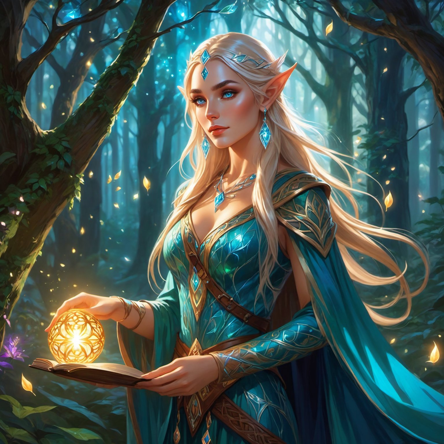 (masterpiece, best quality), (8K, UHD),

"Create an image of a stunning female elf, reminiscent of the ones in World of Warcraft, standing gracefully in an enchanted forest. Her long, flowing hair is adorned with delicate, glowing runes, and her pointed ears are framed by elegant elven jewelry. She wears an intricate, shimmering gown that seems to be woven from moonlight and leaves. Her eyes are bright and filled with wisdom, and her hands are raised as she casts a powerful, majestic spell. Glowing magical symbols and ethereal lights swirl around her, illuminating the forest with an otherworldly glow. The scene is rich with vibrant colors, ancient trees, and mystical creatures, reflecting the elf's deep connection to nature and her awe-inspiring magical prowess."

vibrant colors, glowing, 