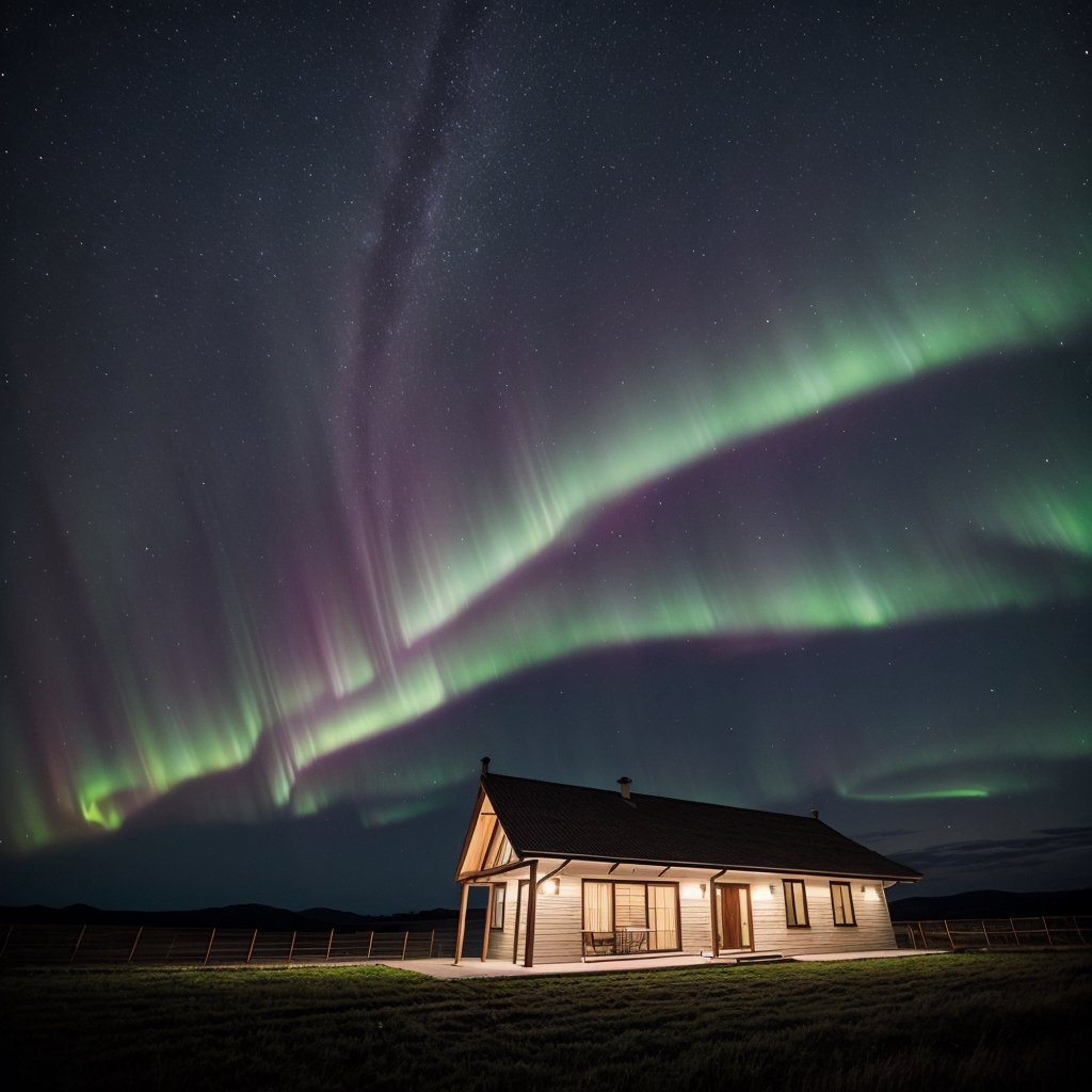 Raw, fotografia una casa hermosa casa moderna ubicada sobre un acantilado, la aurora boreal adorna el cielo nocturno, contrapicado, las luces estan encendidas, es una toma fotografica asombrosa y bella, una obra maestra de la fotografia