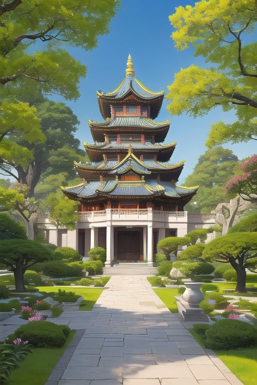 Paint a vivid picture of a four-story Asian-style castle with a tranquil garden, colorful flowers, and singing birds, highly detailed, intrincated, 16k, hyper defined, stilized. 