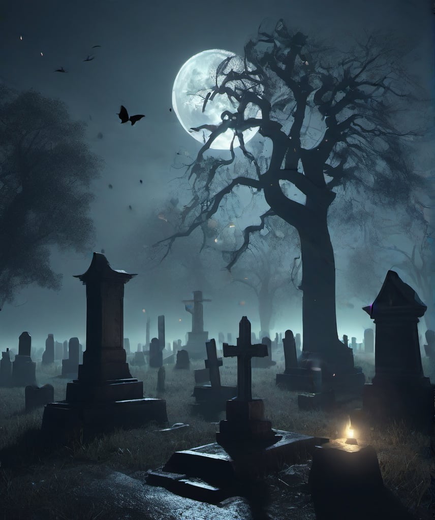 
Generate a realistic image that captures the atmosphere of a nocturnal landscape in an ancient cemetery. The scene should be enveloped in dense fog that obscures parts of the tombstones and centuries-old trees. The light of the full moon should cast mysterious shadows over the tombstones, creating an ethereal ambiance. Add a touch of magic in the air, with fireflies glowing in the darkness. The scene should convey a sense of eerie calm and beauty amidst the night, without any elements of horror or violence