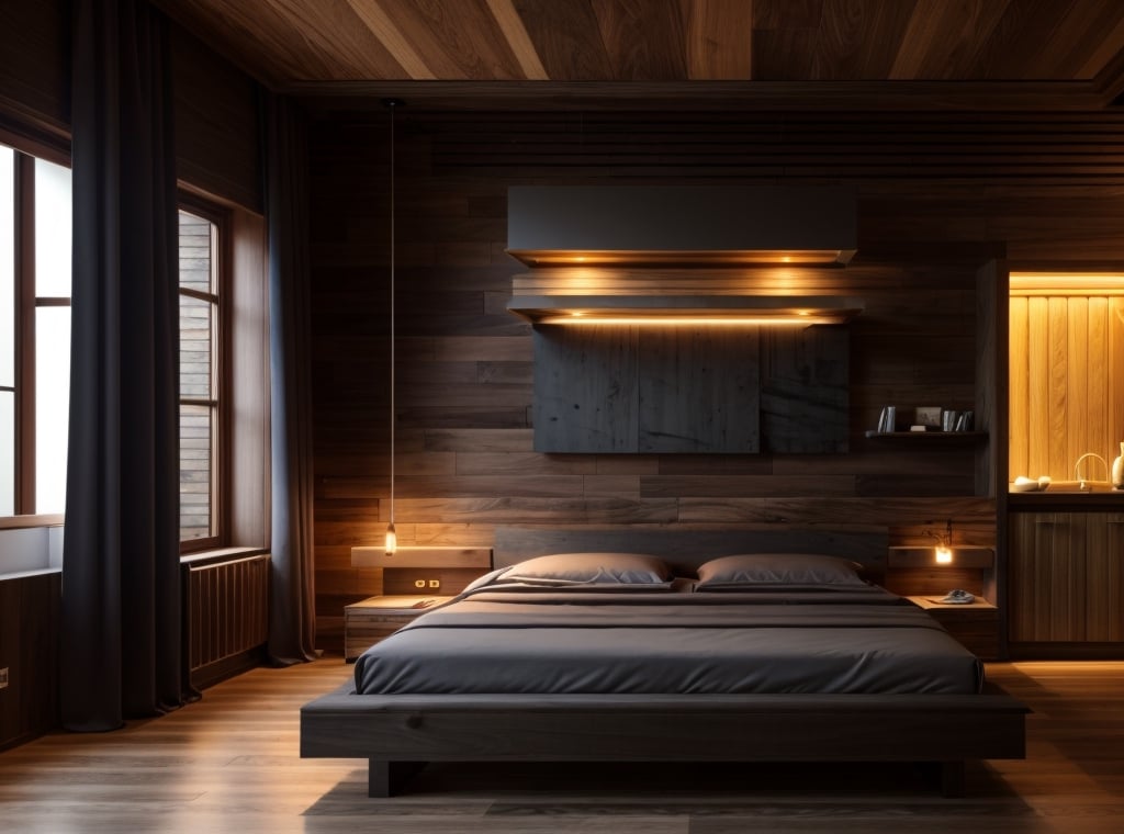 interior photo, bedroom, luxurious, wooden details, exposed concrete walls, warm light fixtures, architectural masterpiece, pixabay constest winner, luxury bed, wall brackets, magestouso, the result is impressive, ready for the amusement