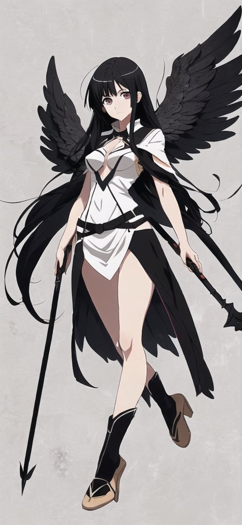 1 girl with wings, with a spear on her back, slit-colored eyes, black hair, full body, estilo anime