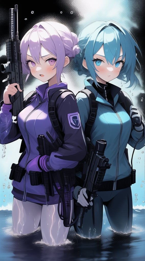 2chicas, com una armas ,diferentes colores,hydrotech