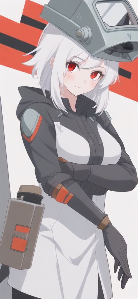 1girl with a welding helmet,white hair, red eyes