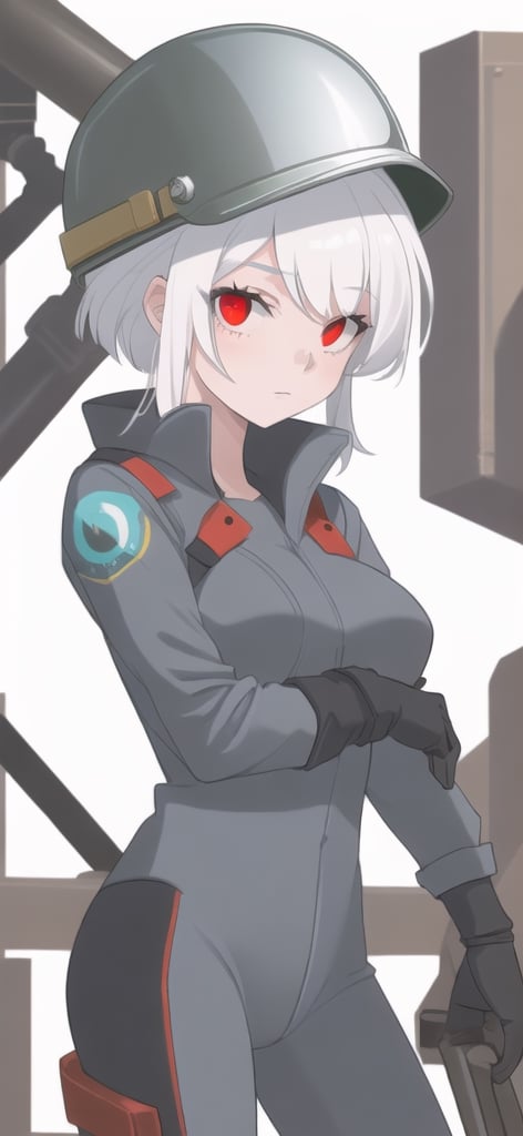 1girl with a welding helmet,white hair, red eyes