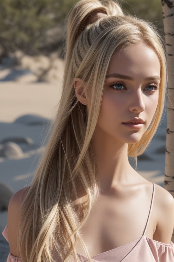 shoulder-length blonde hair, ponytail,
best quality,masterpiece,detailed,16k,beautiful detailed face,beautiful detailed eyes,8k,female_solo,perfect body, perfect face, (full body shot), 1 beautiful woman, (colored shoulder-length Length hair), grey eye, pink skin, bathing on a desert islandbacklighting, fog, day lighting, birch light, sun rays, volumetric light