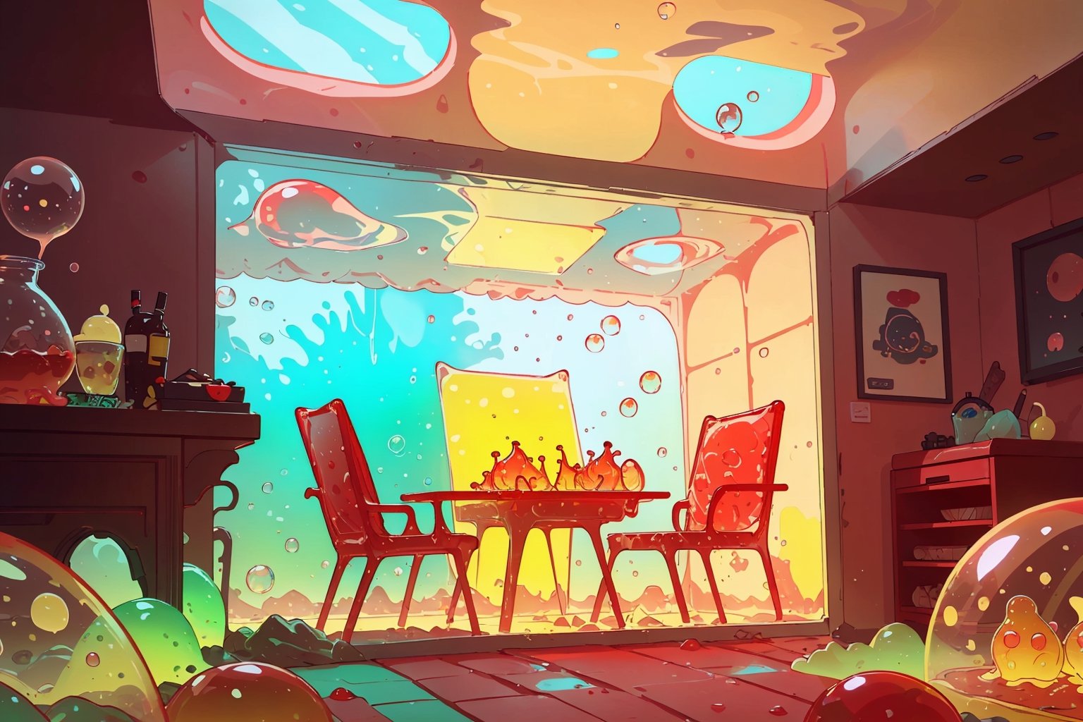 masterpiece, best quality, highres, (underwater ambiance:1), indoors, ((red gelatin room, yellow tinted windows)), air bubbles, scifi, bioluminescent, gelatintech, see-through, transparent, giggly,