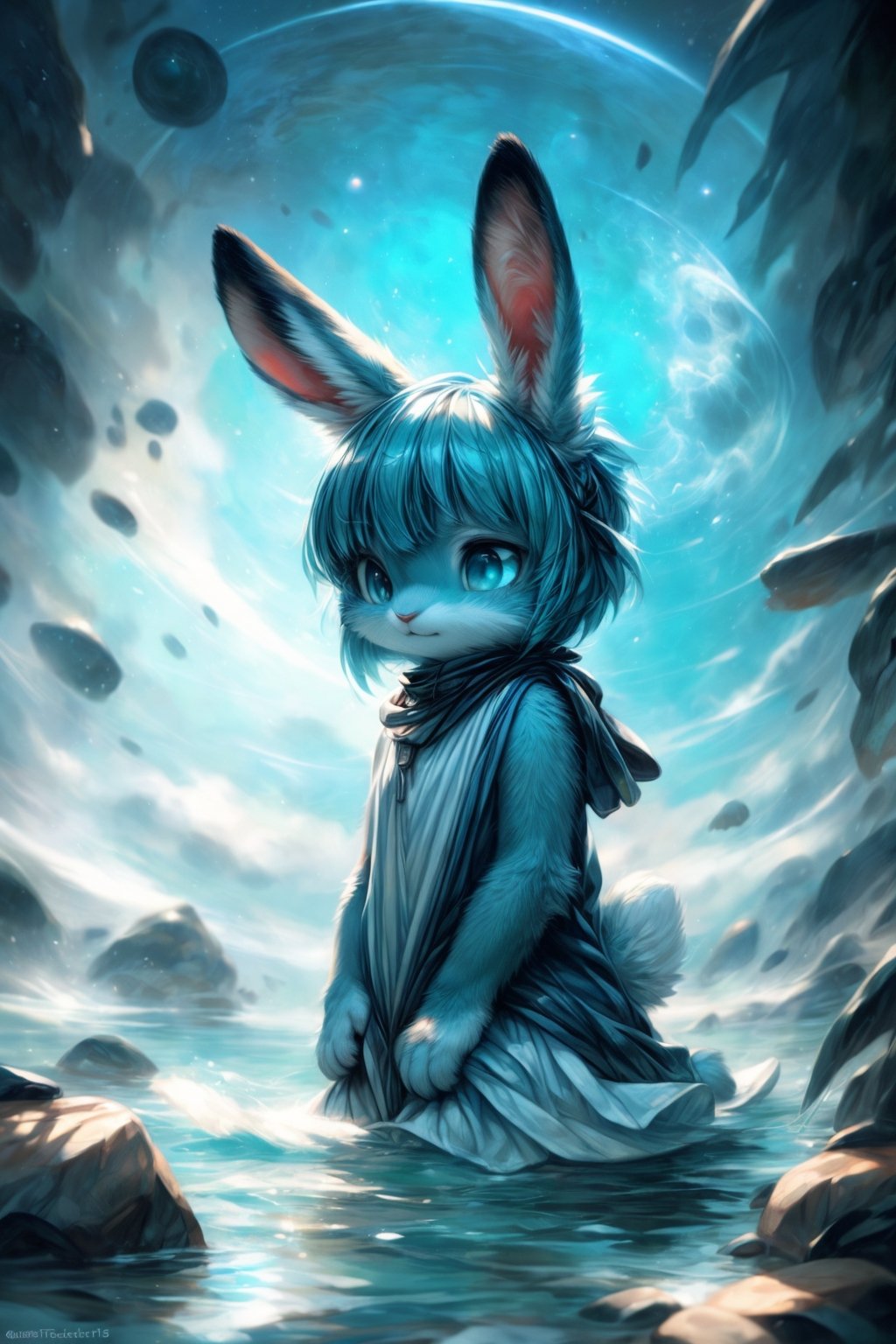 by kenket, by totesfleisch8, (by thebigslick, by silverfox5213:0.8), (by syuro:0.2), (by qupostuv35:1.2), (hi res), ((masterpiece)), ((best quality)), illustration,(anthro,furry,kemono),bunny,rabbit,animal ears, body fur,1girl,solo,planet earth in the sky,(((blue hair,bobbed hair,bangs))),sea blue eyes,silver fur,(((flowing light blue sundress))),beach,moonflowers,exposure blend, medium shot, bokeh, furry rabbit nose, (hdr:1.4), high contrast, (cinematic, blue and turquoise:1.25), (muted colors, dim colors, soothing tones:1.3), low saturation, (hyperdetailed:1.2), (noir:0.4),FurryCore