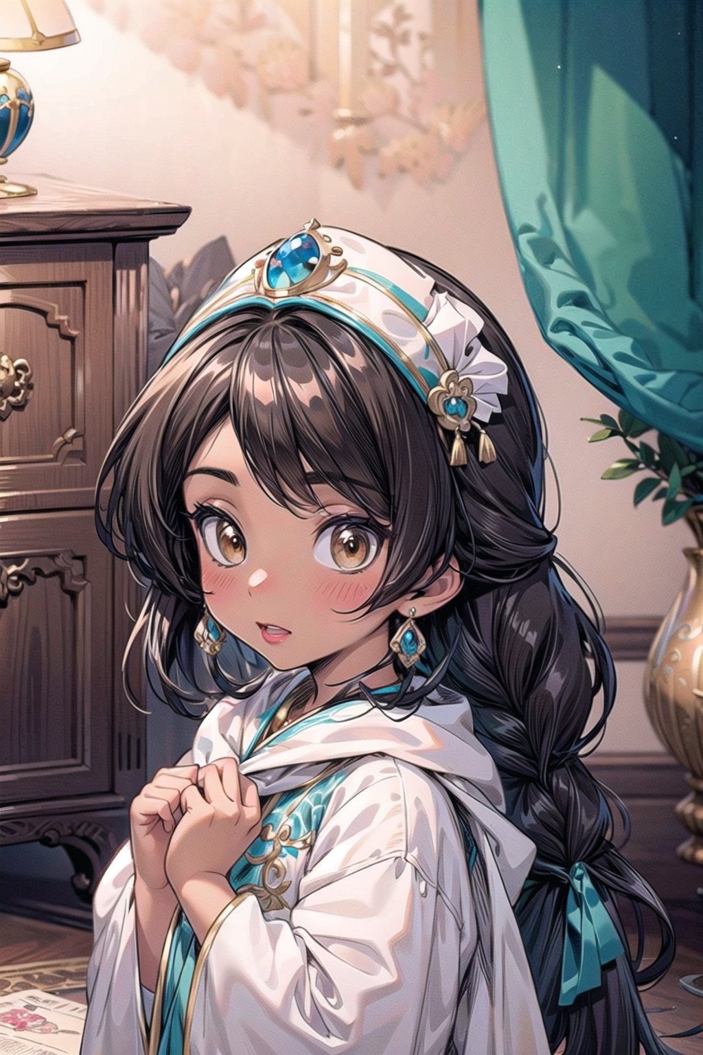 masterpiece, best quality, extremely detailed, HD, 8k, intricate, nice hands, (brown skin), AGE REGRESSION, 1 girl, oversized_clothes, cuteloli, CHILD, OVERSIZED CLOTHES,cartoon,Jasmine, black hair, braid, palace scene