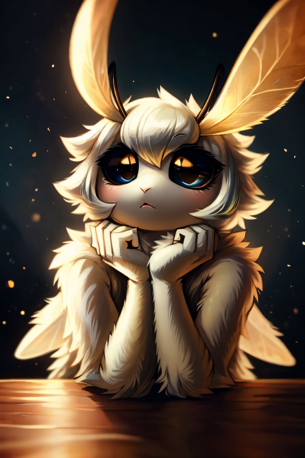 by whitemantis, black sclera, colored sclera, ExtraArms, masterpiece, best quality, extremely detailed, intricate, close-up, portrait, realistic, Original Character, (mothman, moth girl), 1girl, cute, kawaii, big eyes, fluffy detailed fur, extra arms, fewer digits, colored skin, white skin, white hair, white fur, no_humans, (antennae), (four arms), (moth wings), ((flat_chested)), Volumetric Lighting, Best Shadows, Shallow Depth of Field, Stunningly Beautiful Girl, Delicate Beautiful Attractive,FluffyStyle white moth girl