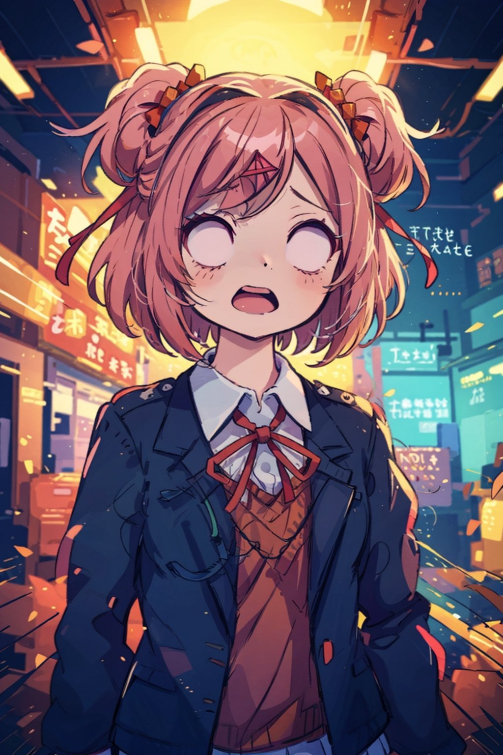 masterpiece, best quality, 1 girl, natsuki, pink eyes, pink hair, medium hair, two side up, hair ribbon, hair ornament, school uniform, blazer, brown sweater, collared shirt, neck ribbon, blank eyes, open mouth, horror, dark, psychedelic, cinematic light, cinematic view, High detailed, Color magic,