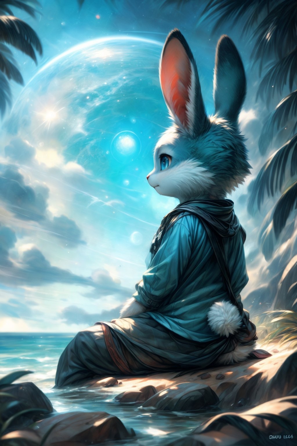 by kenket, by totesfleisch8, (by thebigslick, by silverfox5213:0.8), (by syuro:0.2), (by qupostuv35:1.2), (hi res), ((masterpiece)), ((best quality)), illustration,anthro,furry,kemono,bunny,rabbit,animal ears, body fur,1girl,planet earth in the sky,blue hair,bobbed hair,sea blue eyes, flowing light blue dress,beach,moonflowers,exposure blend, medium shot, bokeh, furry rabbit nose, (hdr:1.4), high contrast, (cinematic, sea blue and sea green:0.85), (muted colors, dim colors, soothing tones:1.3), low saturation, (hyperdetailed:1.2), (noir:0.4),FurryCore