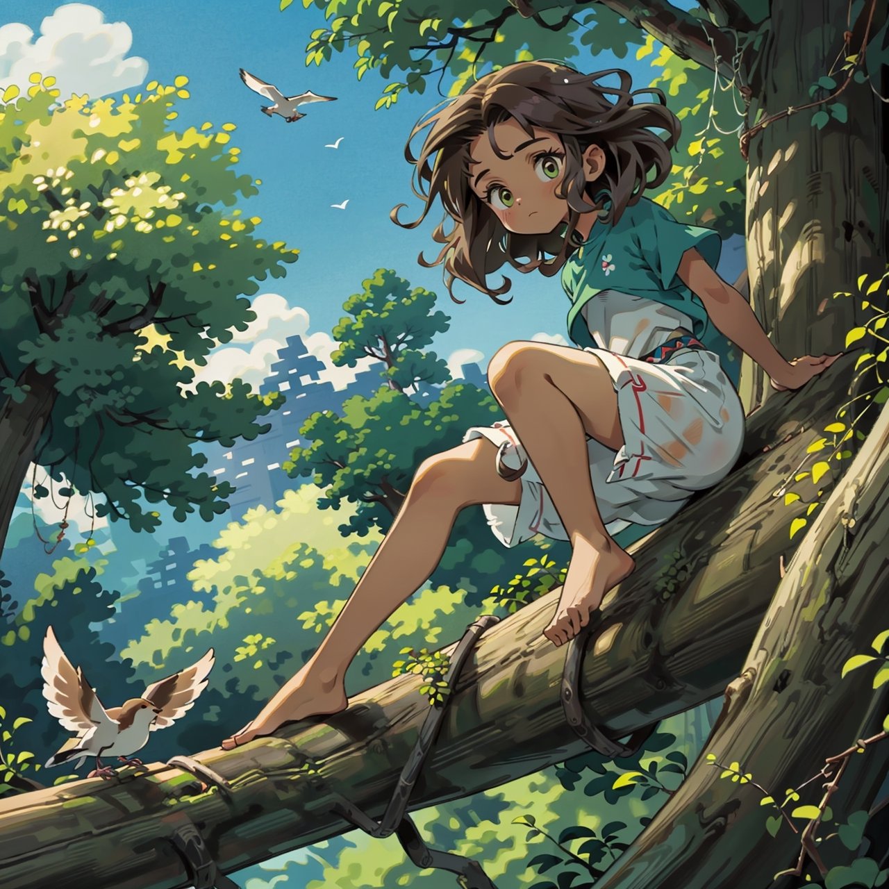 masterpiece, best quality, nice hands, view from below, 1 girl wearing tribal clothing, dark skin, dark brown hair, curly hair, short hair, messy hair, climbing a giant tree, apocalypse, overgrown, daytime, ghibli studio style,ghibli style,female, dark skin, birds, squirrels,