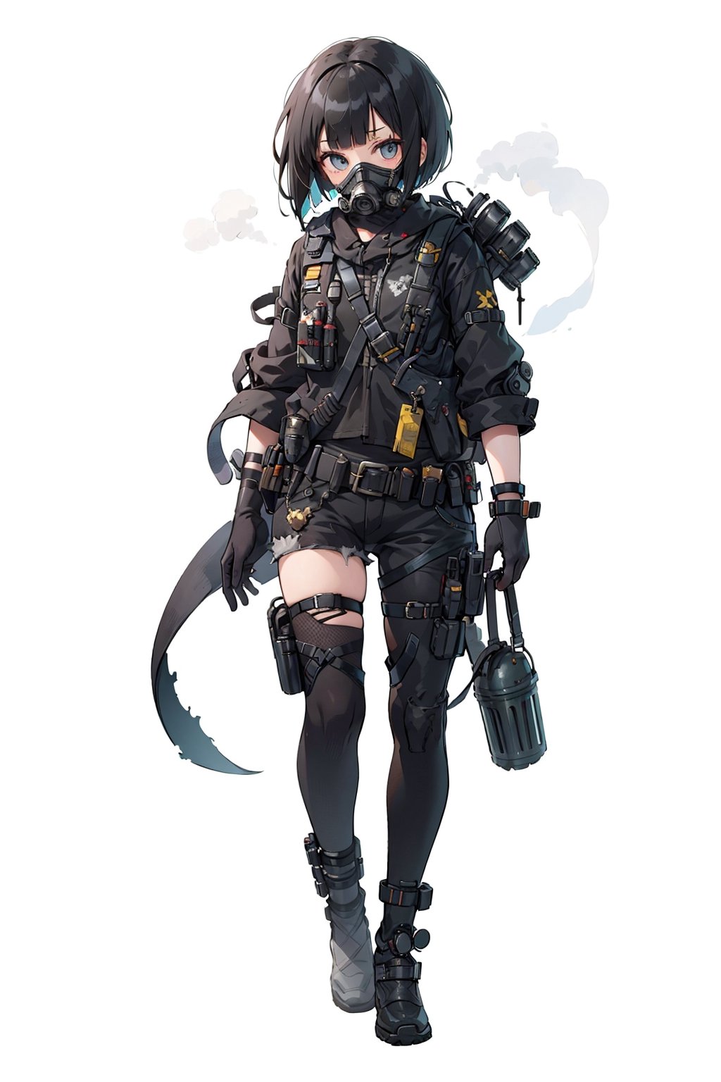 character design, full_body, (masterpiece), science fiction, ToxicPunkAI, 1girl, black hair, bob_cut, tattered clothes, post-apocalypic_fashion, gas mask, white background